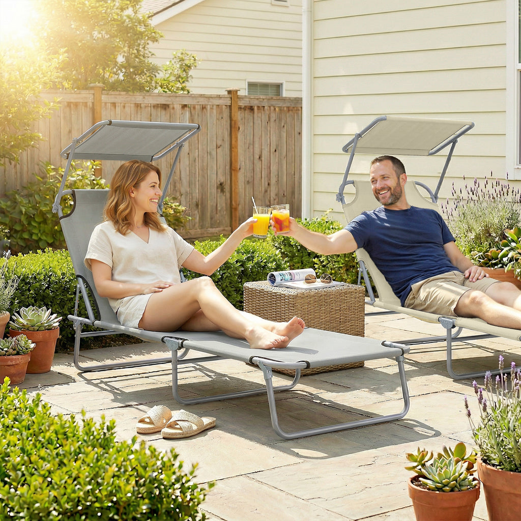Outdoor Lounge Chair, Adjustable Folding Chaise Lounge, Tanning Chair with Sun Shade for Beach, Camping, Hiking, Backyard, Light Grey