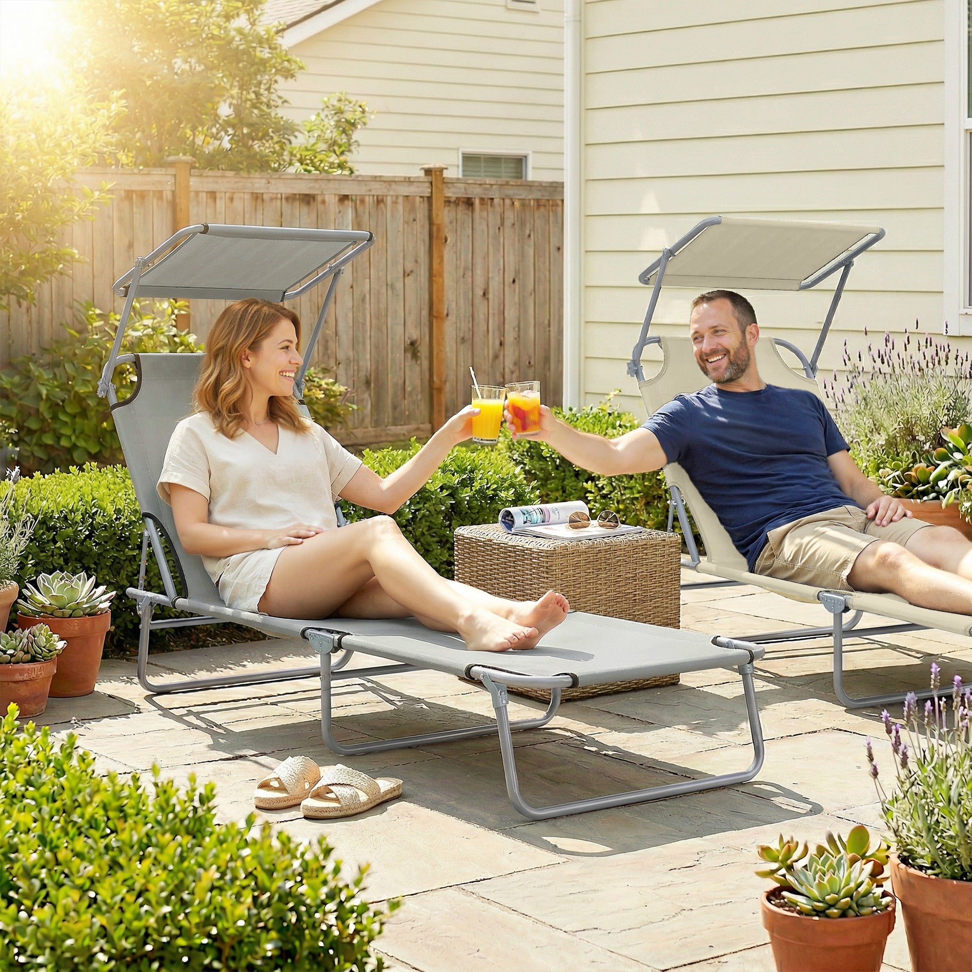 Outdoor Lounge Chair, Adjustable Folding Chaise Lounge, Tanning Chair with Sun Shade for Beach, Camping, Hiking, Backyard, Light Grey
