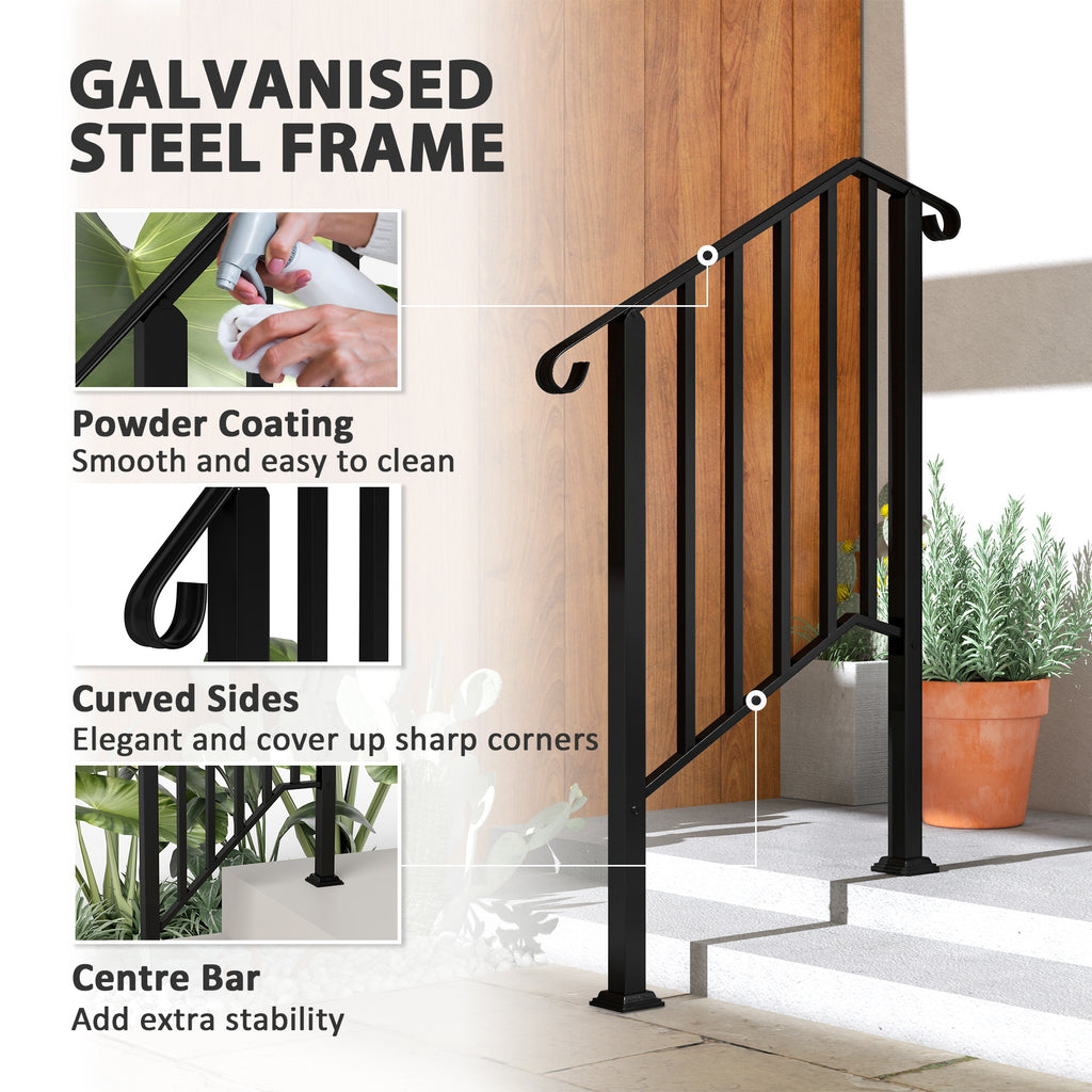 2-3 Step Handrails for Outdoor Steps, Metal Outdoor Stair Railing, Porch Deck Railing with Installation Kit, Black