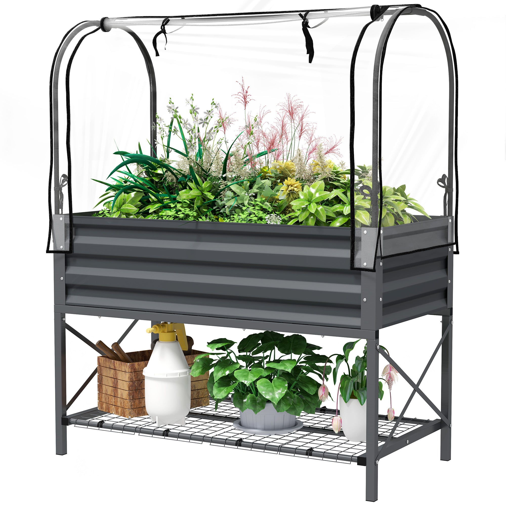 Raised Garden Bed with Cover, Metal Elevated Planter Box with Bottom Shelf and Liner, Dark Grey