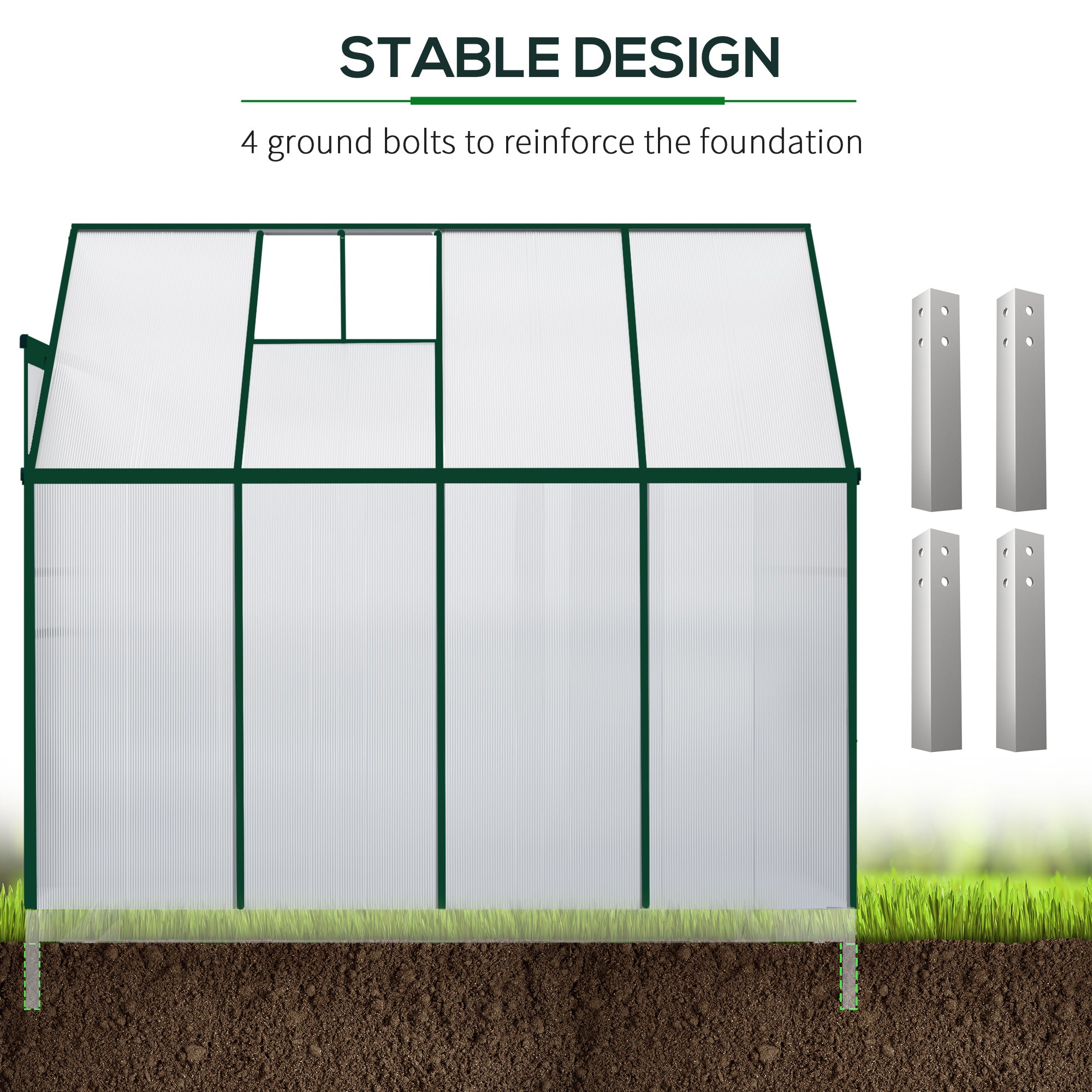 Walk-In Garden Greenhouse Aluminum Polycarbonate with Roof Vent for Plants Herbs Vegetables 8' x 4' x 7' Silver