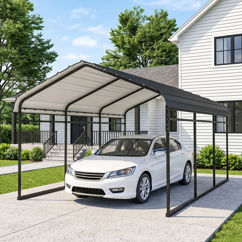 10' x 15' Metal Carport, Heavy Duty Garage Car Shelter with Galvanized Metal Roof and Removable Sidewalls, Light Grey