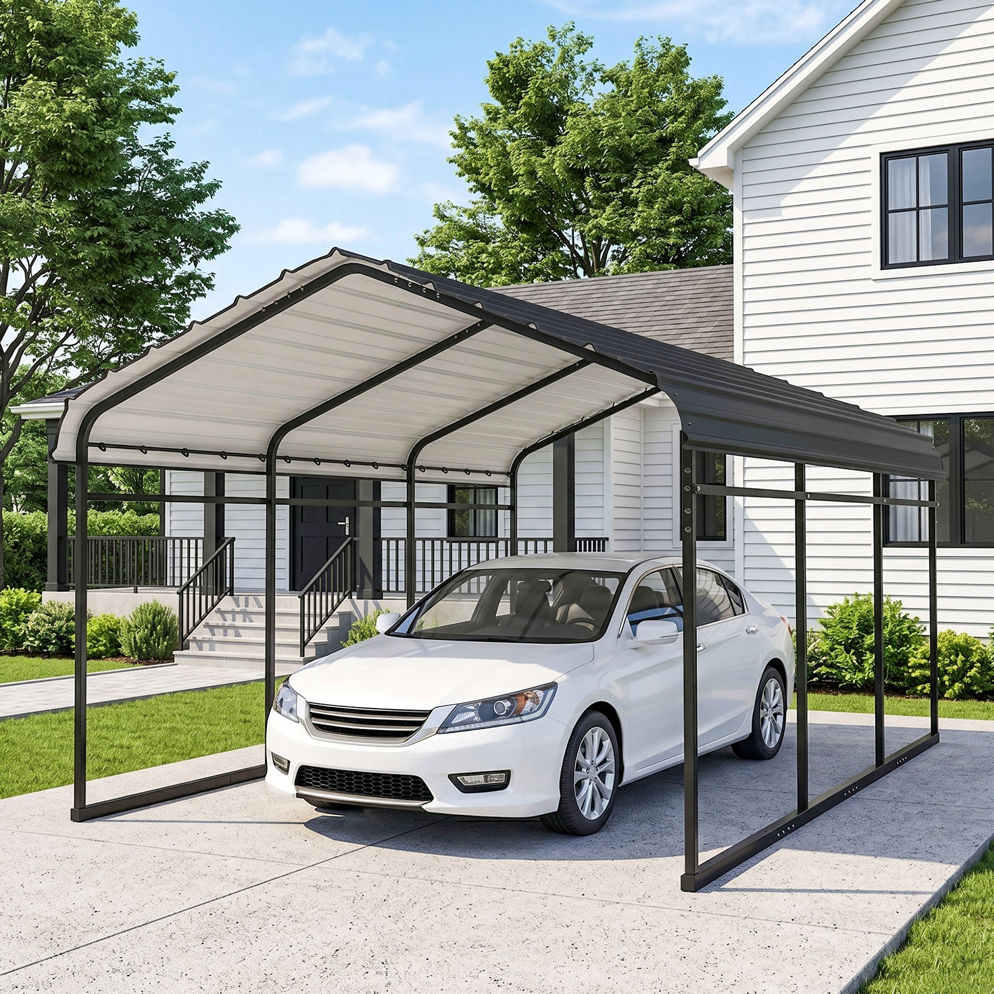 10' x 15' Metal Carport, Heavy Duty Garage Car Shelter with Galvanized Metal Roof and Removable Sidewalls, Light Grey