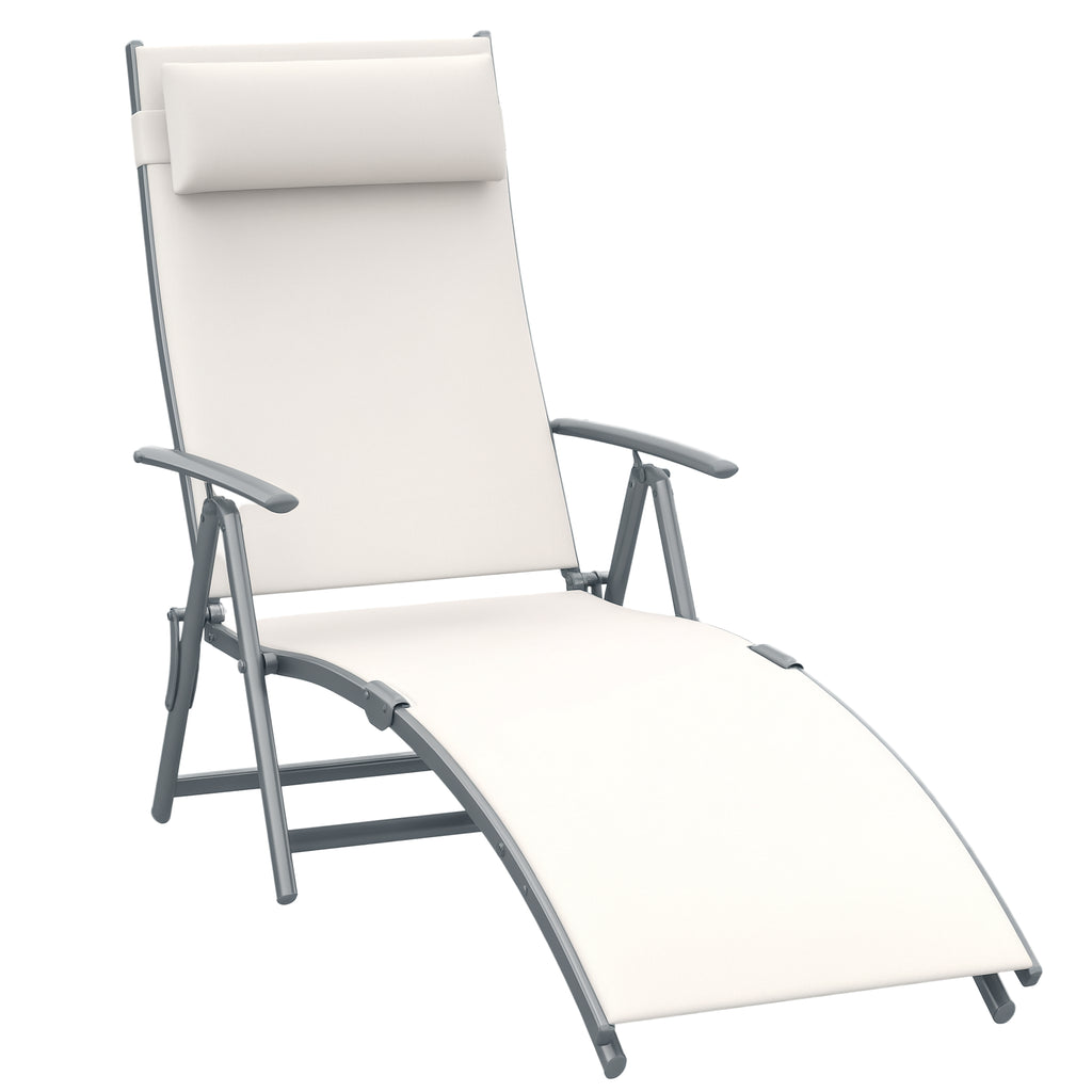 Outdoor Folding Chaise Lounge Chair Steel Portable Recliner with 7 Adjustable Backrest Positions, Cream White