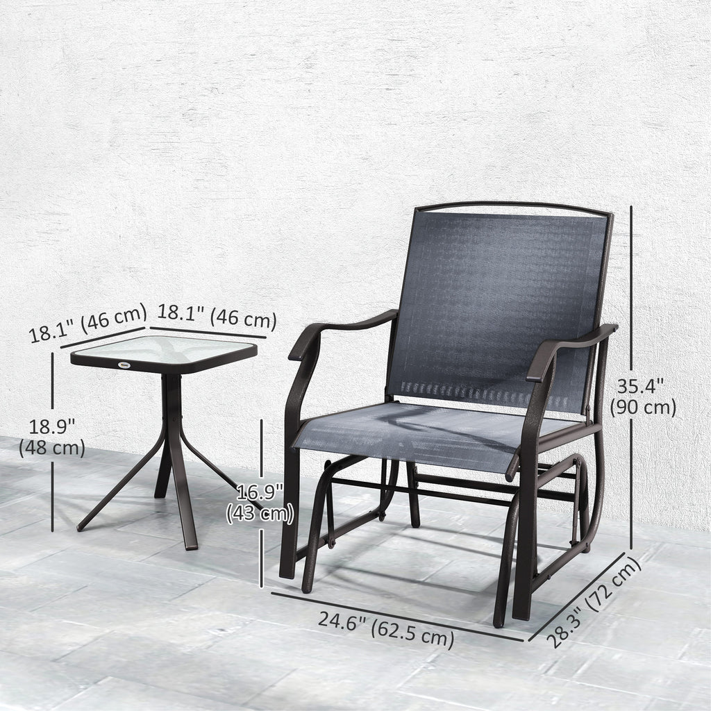 3 Piece Patio Glider Set Outdoor Gliders with Breathable Mesh Seat, Glass Top Table for Garden, Yard, Grey