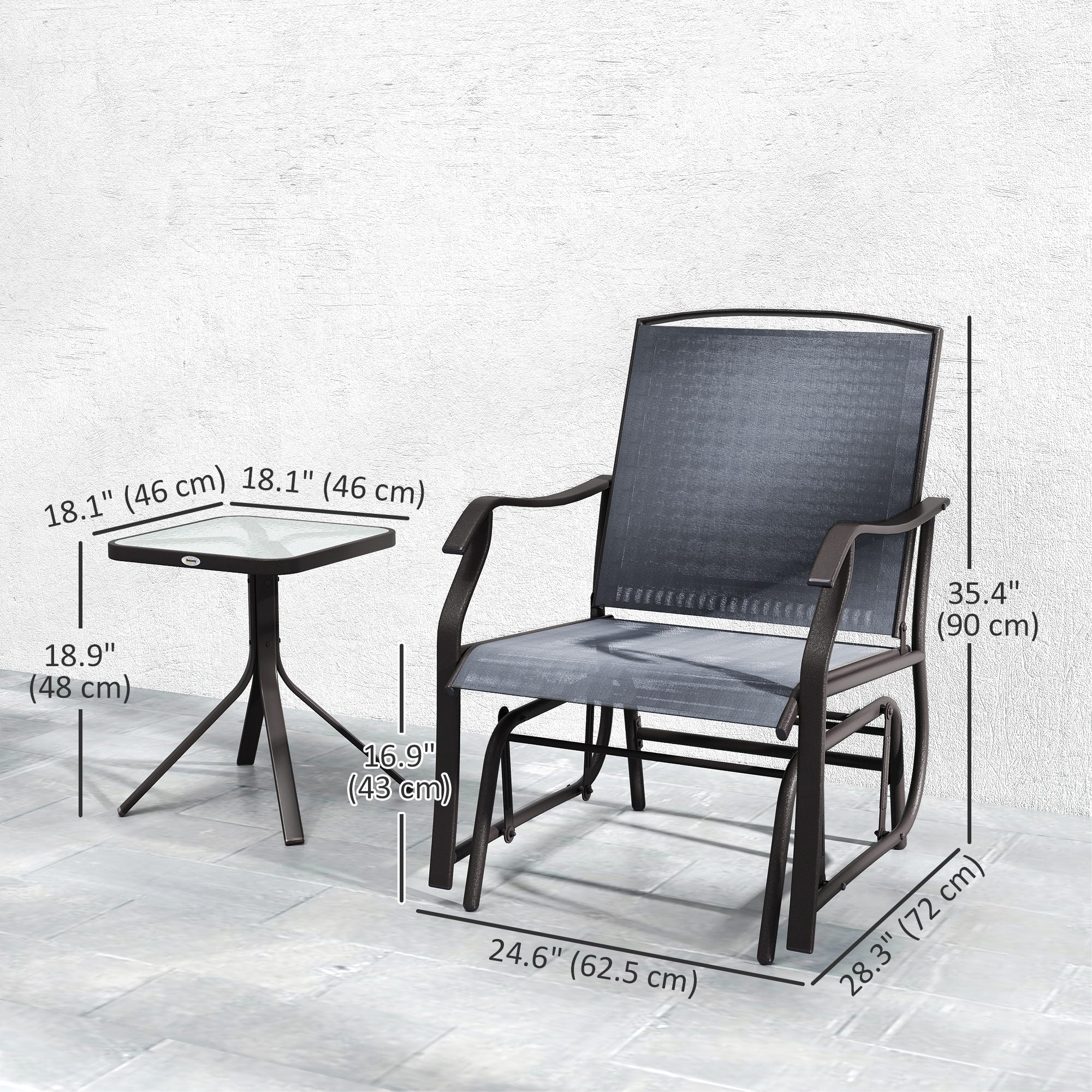 3 Piece Patio Glider Set Outdoor Gliders with Breathable Mesh Seat, Glass Top Table for Garden, Yard, Grey