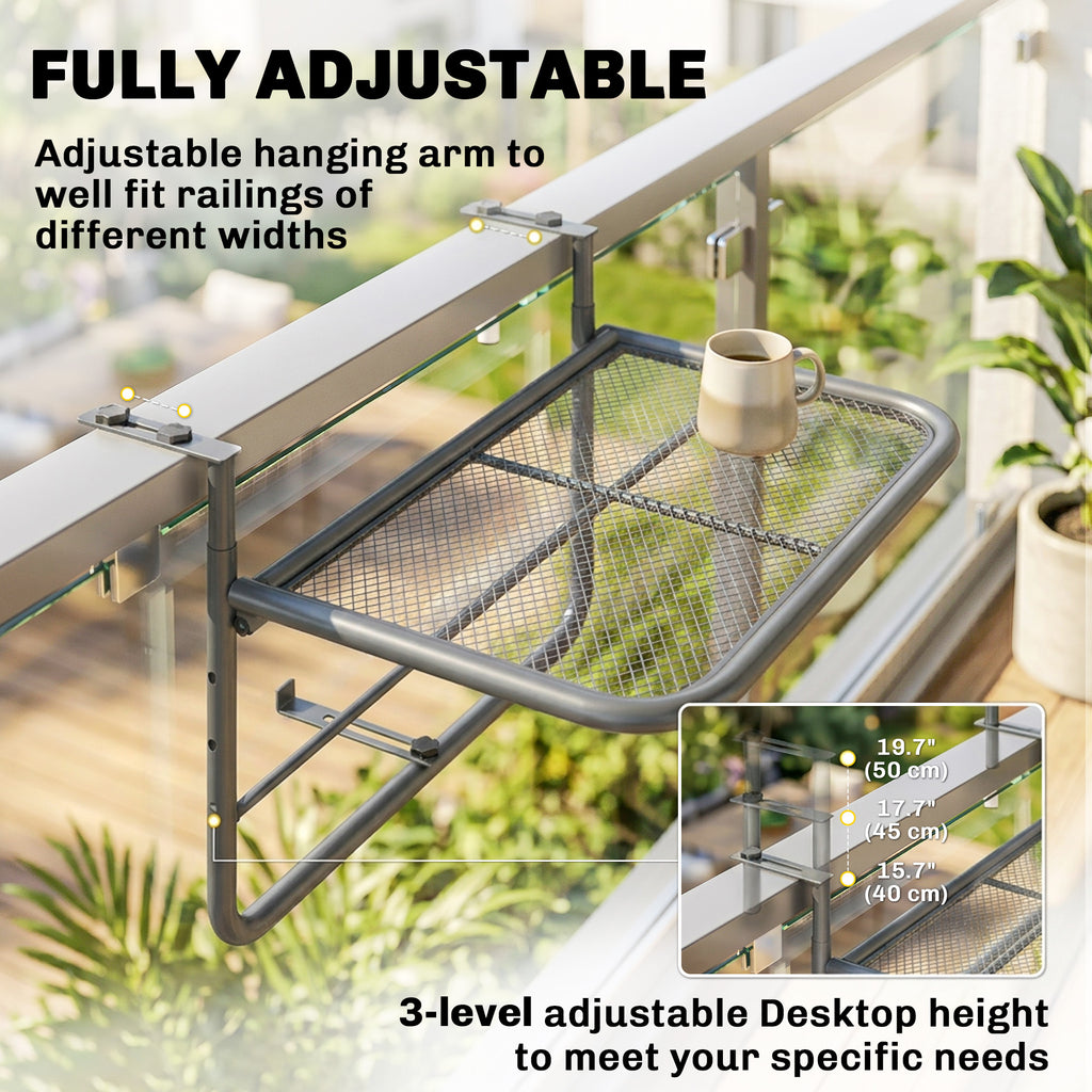 Adjustable Balcony Hanging Railing Table, Metal Mounting Mini Wall Desk Storage Rack, Outdoor Flower Stand Serving Table Rectangle, Grey