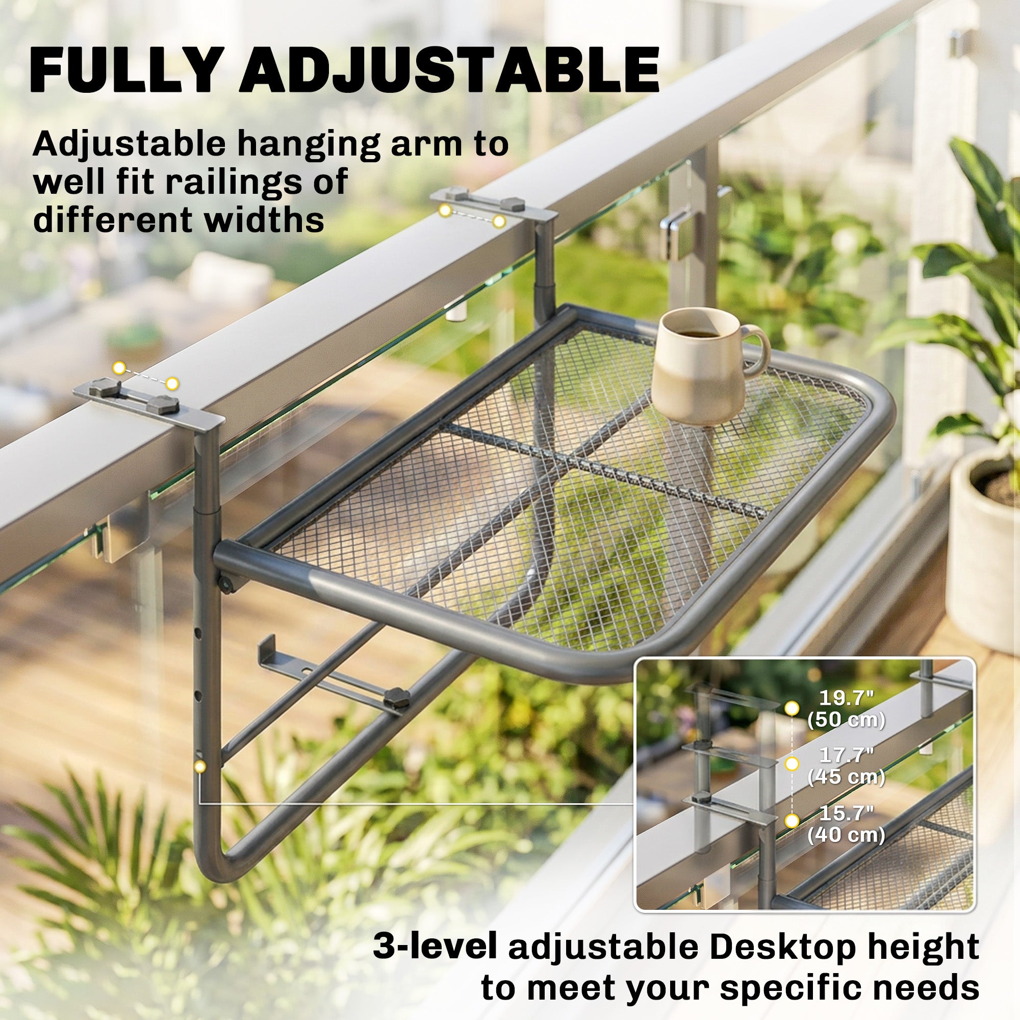 Adjustable Balcony Hanging Railing Table, Metal Mounting Mini Wall Desk Storage Rack, Outdoor Flower Stand Serving Table Rectangle, Grey