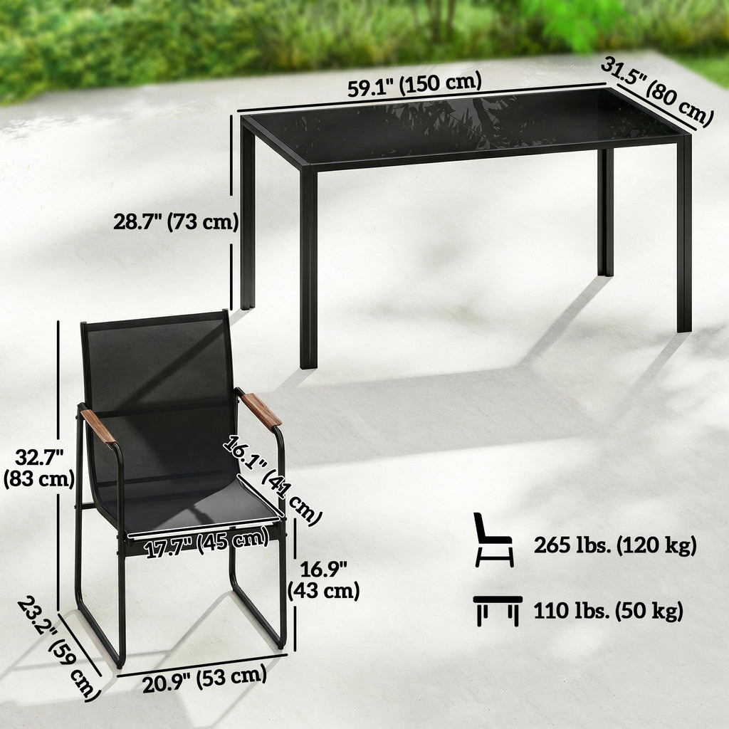 7 Pieces Outdoor Dining Set for 6, Glass Patio Table and Chairs with Decorative Armrests, All Weather Mesh, Black