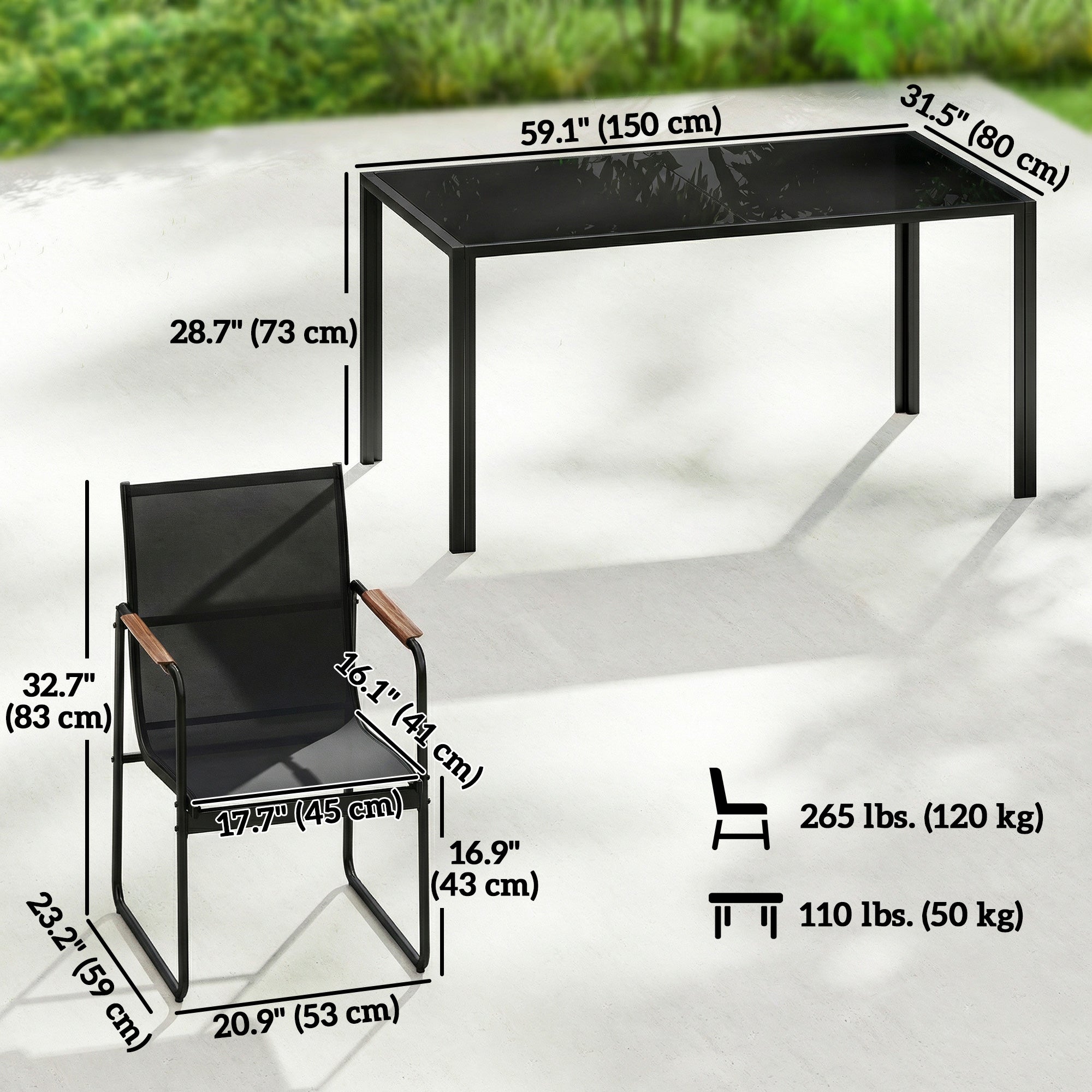 7 Pieces Outdoor Dining Set for 6, Glass Patio Table and Chairs with Decorative Armrests, All Weather Mesh, Black