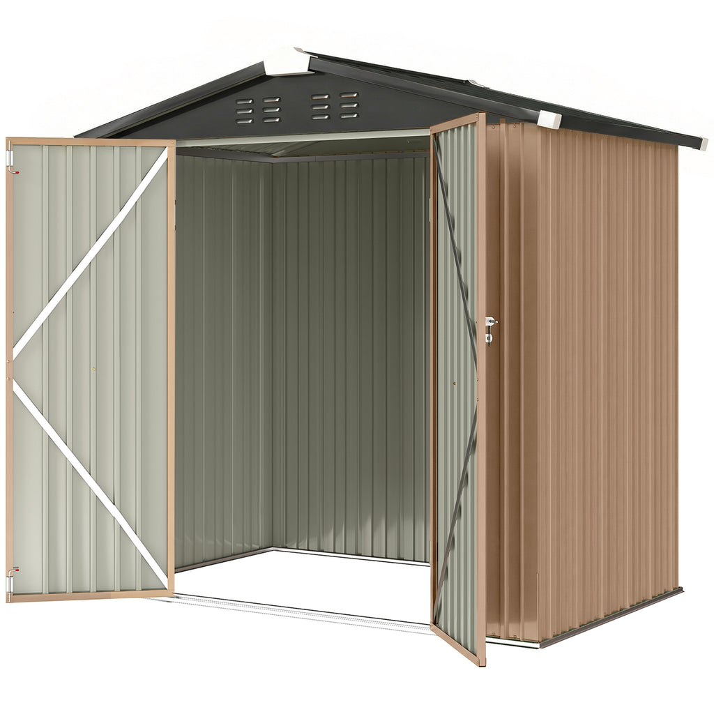 6.5' x 4'  Outdoor Storage Shed, Metal Garden Shed with Lockable Double Doors, 4 Vents, Brown