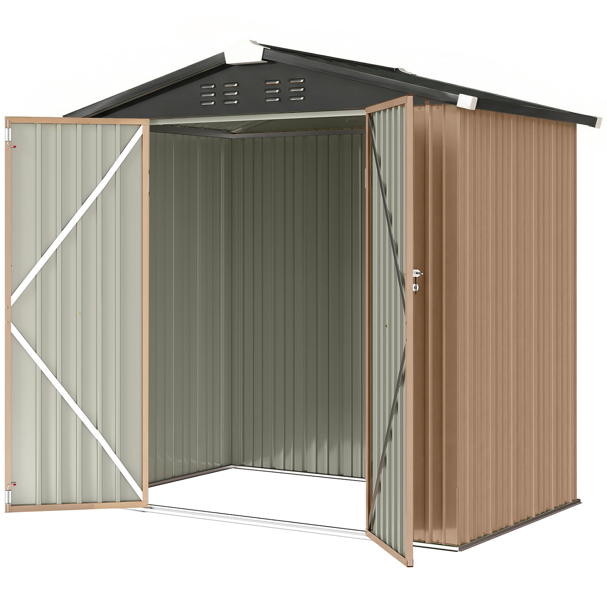6.5' x 4'  Outdoor Storage Shed, Metal Garden Shed with Lockable Double Doors, 4 Vents, Brown