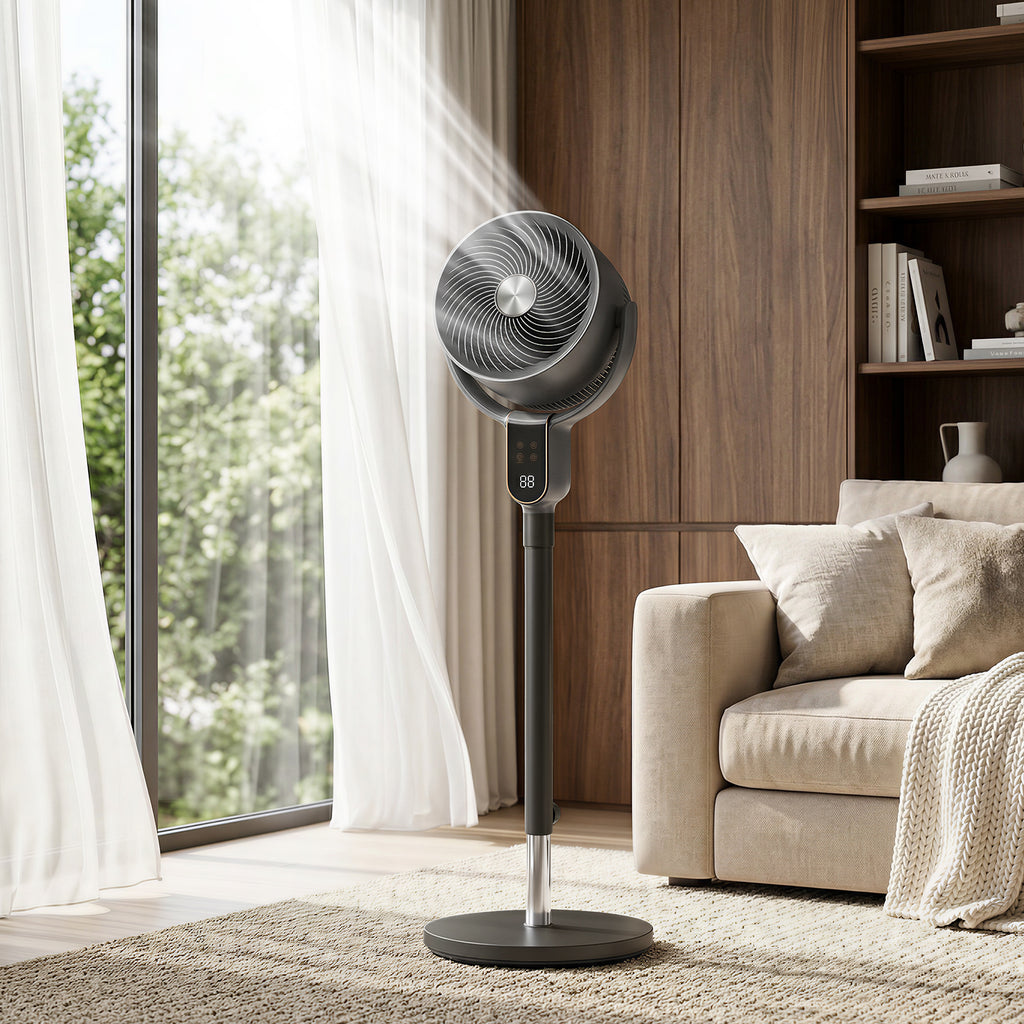 20dB Standing Fan for Bedroom, 70Â°+90Â° Auto Oscillating Fan with 8 Speeds, Remote Control, 12H Timer, Adjustable Height