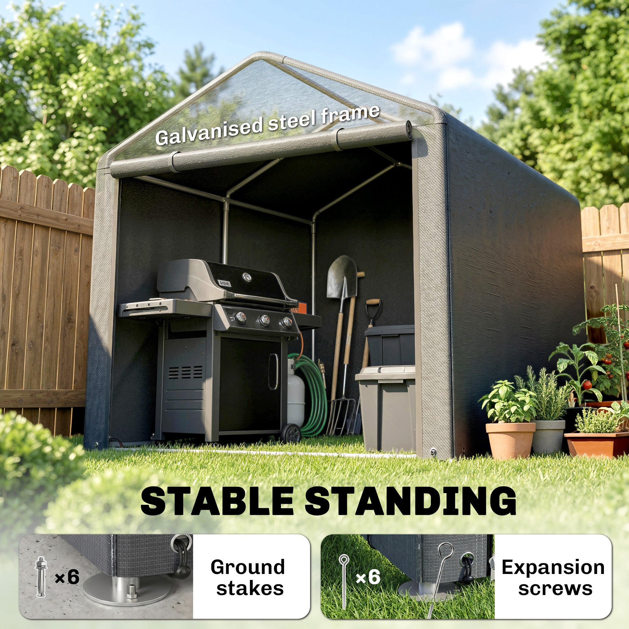 Portable Bicycle Shed with Galvanised Steel Frame and Large Door, Waterproof Outdoor Shed for Garden Tools, Dark Grey