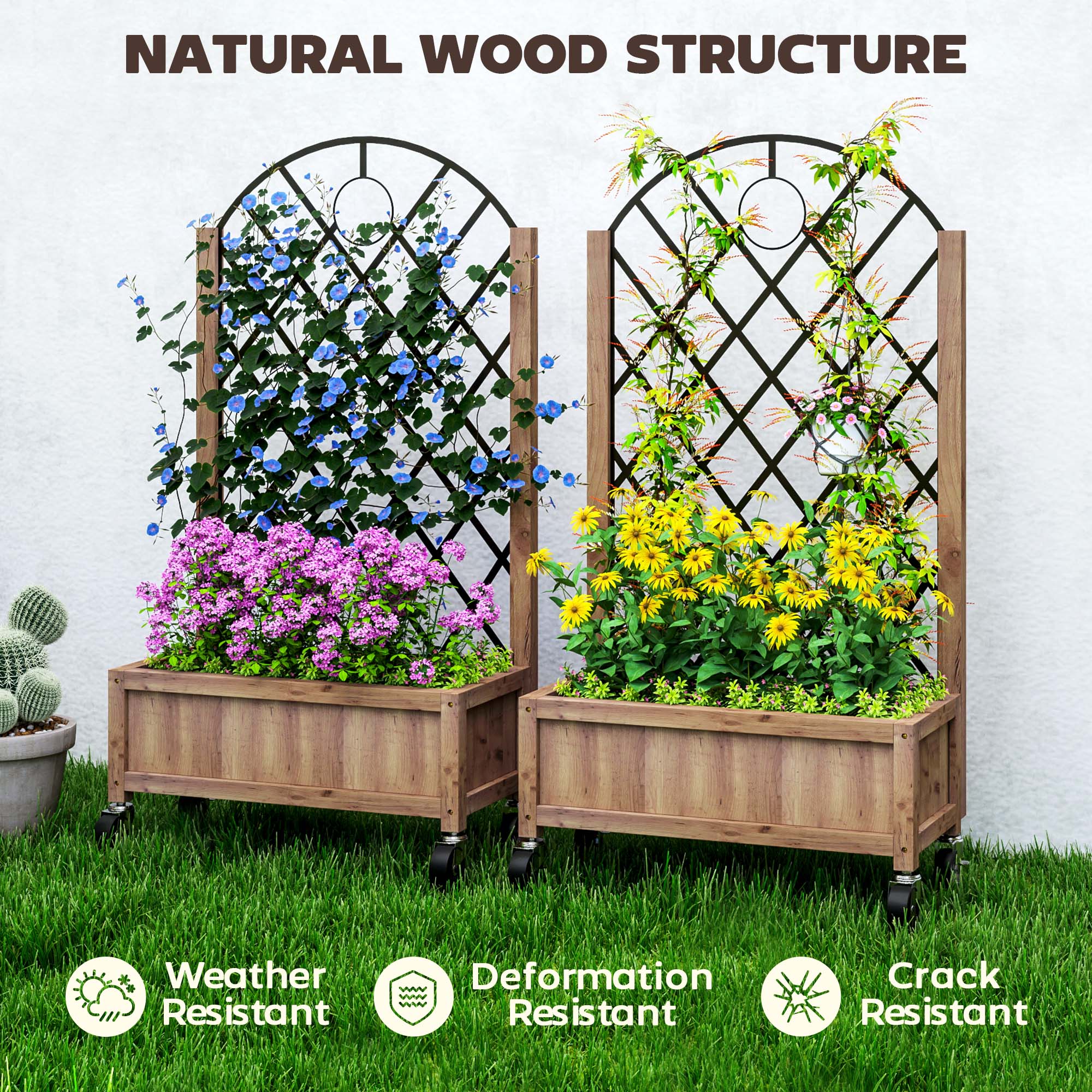 Raised Garden Bed with Metal Trellis, Elevated Planter Box with Wheels and Drainage Holes, 20.5" x 9.8" x 38.2", Brown