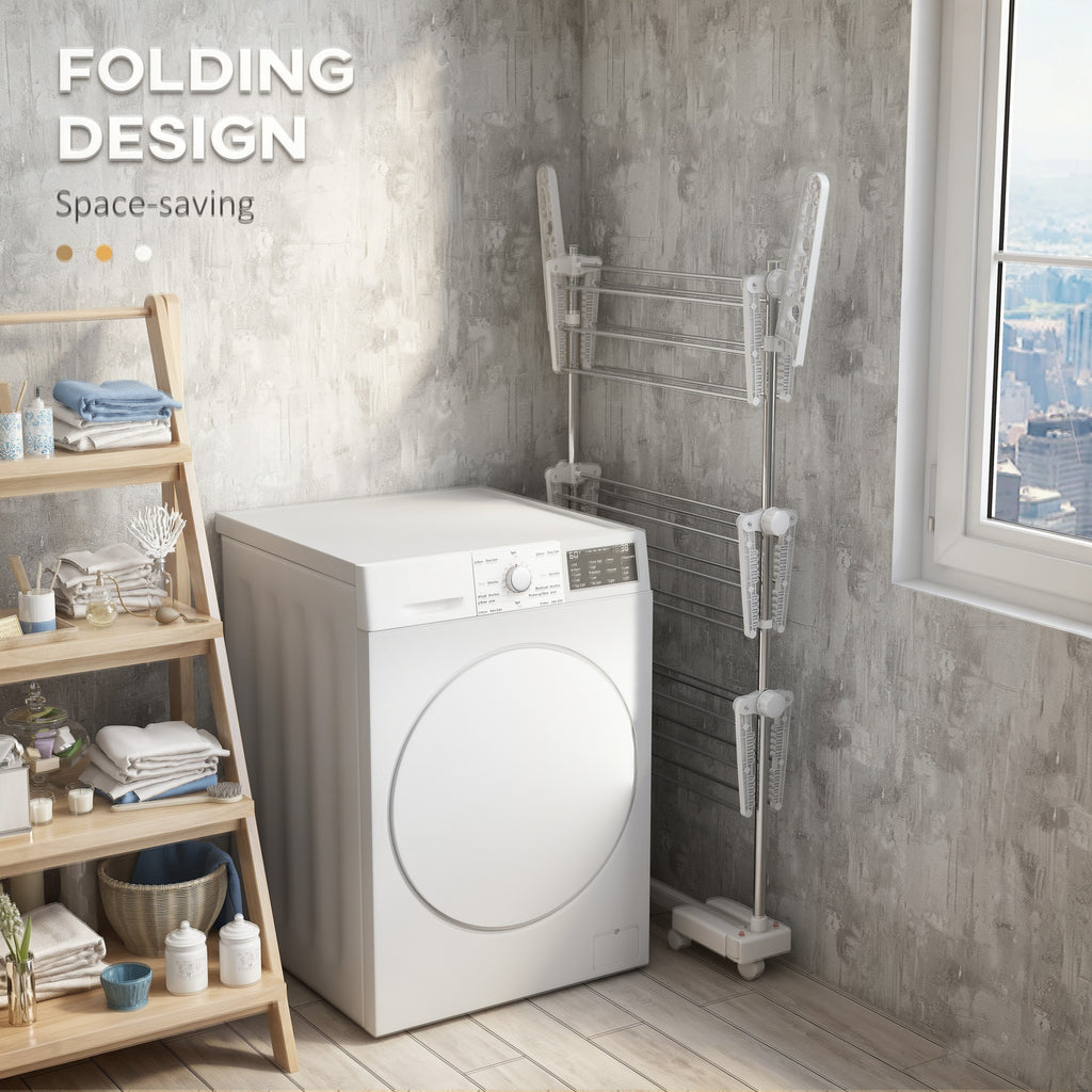 3-Tier Foldable Clothes Drying Rack, Stainless Steel Laundry Rack with 2 Side Wings and 6 Castors, Collapsible Adjustable Clothes Airer for Indoor Outdoor, White