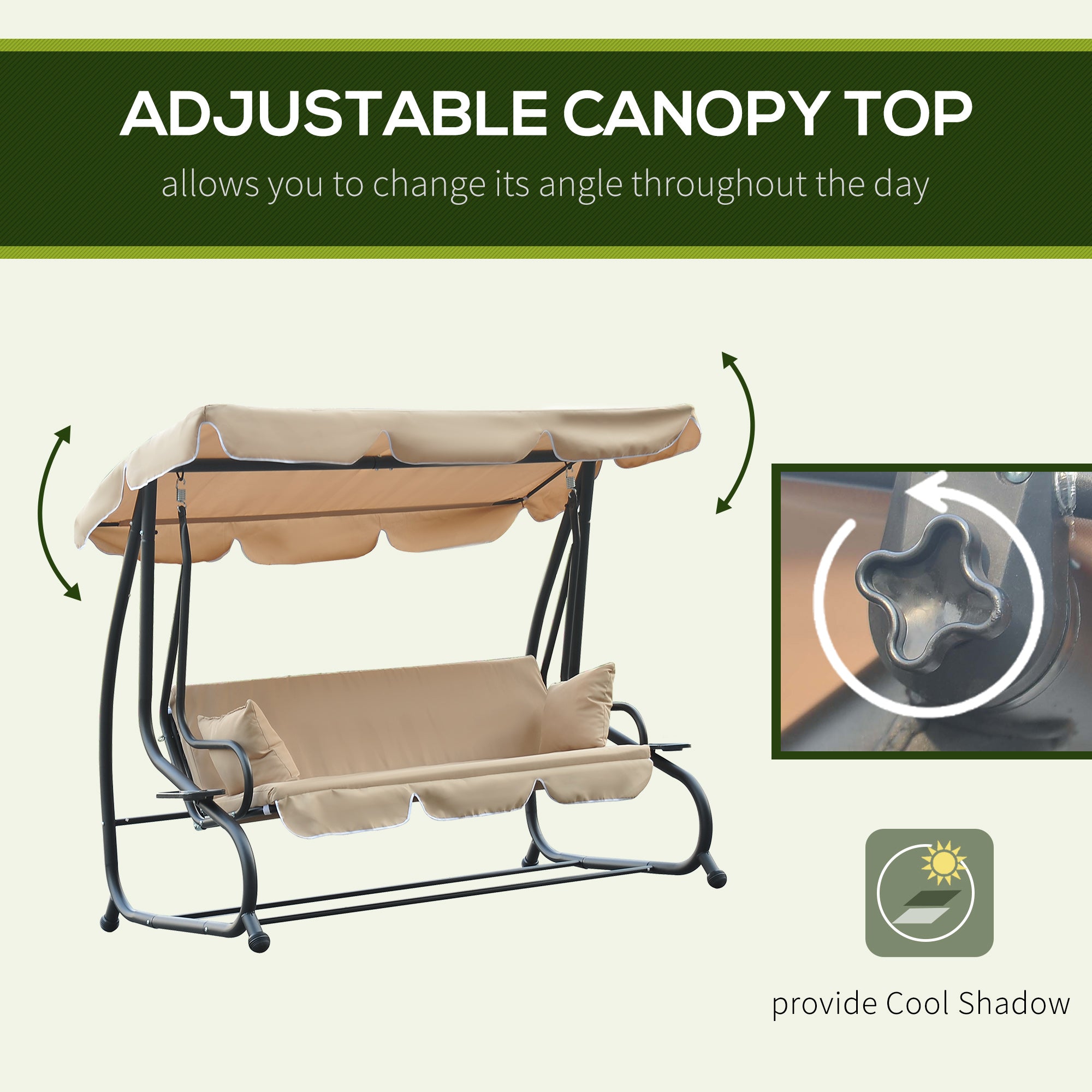 3-Seat Outdoor Patio Swing Chair, 2-in-1 Convertible Flat Bed, Canopy Swing with Adjustable Shade, Removable Cushions, Cup Holder, Beige