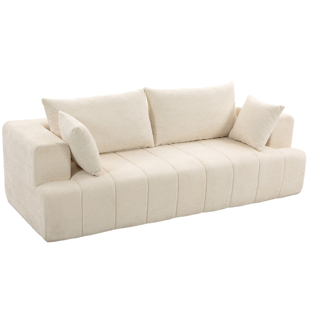 3 Seater Sofa, Chenille Boneless Cloud Couch with Thick Spring Cushion, Wide and Deep Seat, Wide Armrests, Beige