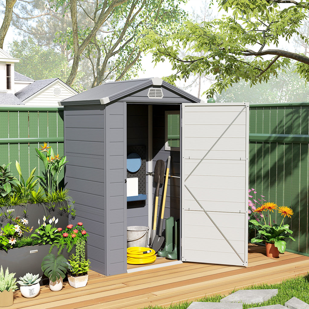 4.4' x 3.3' Plastic Garden Storage Shed with Latch Door, Vents, Sloped Roof, Grey
