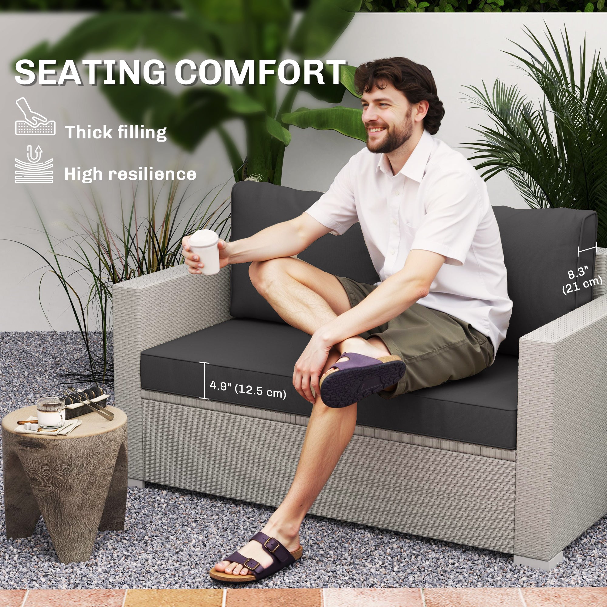 2 Seater Outdoor Seat Cushions with Backrest, Loveseat Double Sofa Outdoor Furniture Cushions, Black