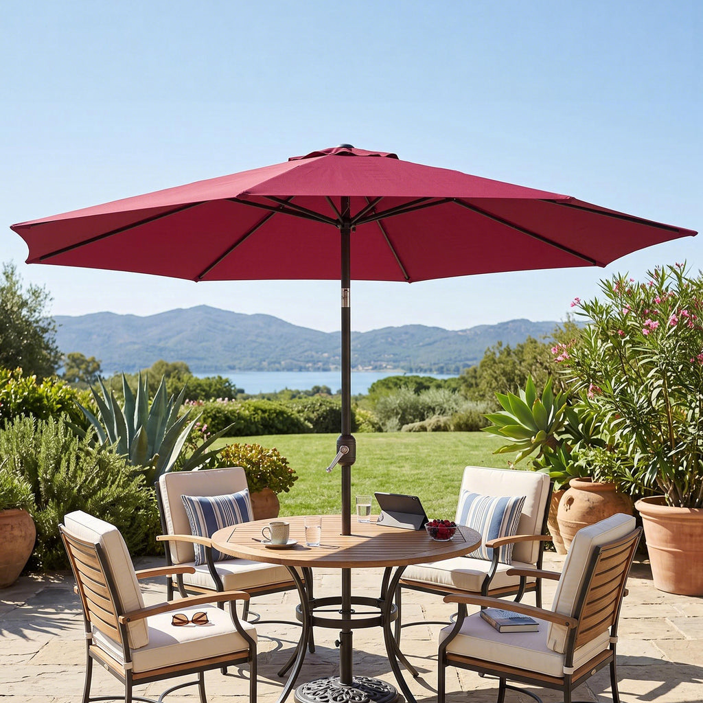 10' x 8' Round Market Umbrella, Patio Umbrella with Crank Handle and Tilt, Outdoor Parasol for Garden, Wine Red