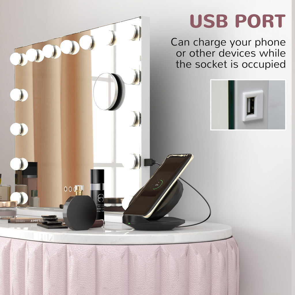 Hollywood Makeup Mirror with Lights, 3 Lighting Modes, USB Charging Port, Tabletop or Wall Mounted, White