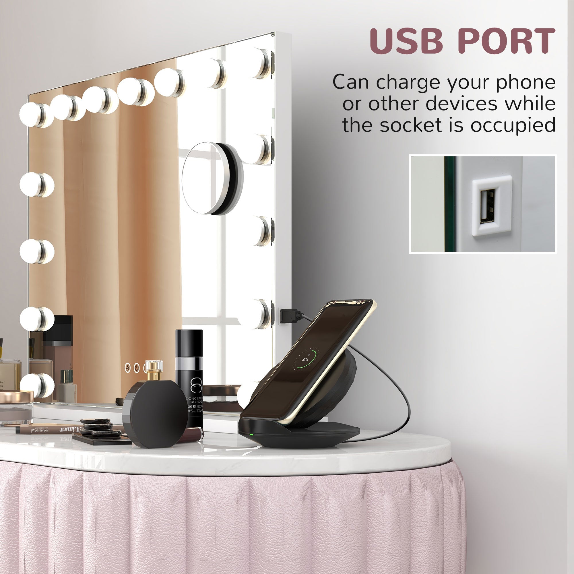 Hollywood Makeup Mirror with Lights, 3 Lighting Modes, USB Charging Port, Tabletop or Wall Mounted, White