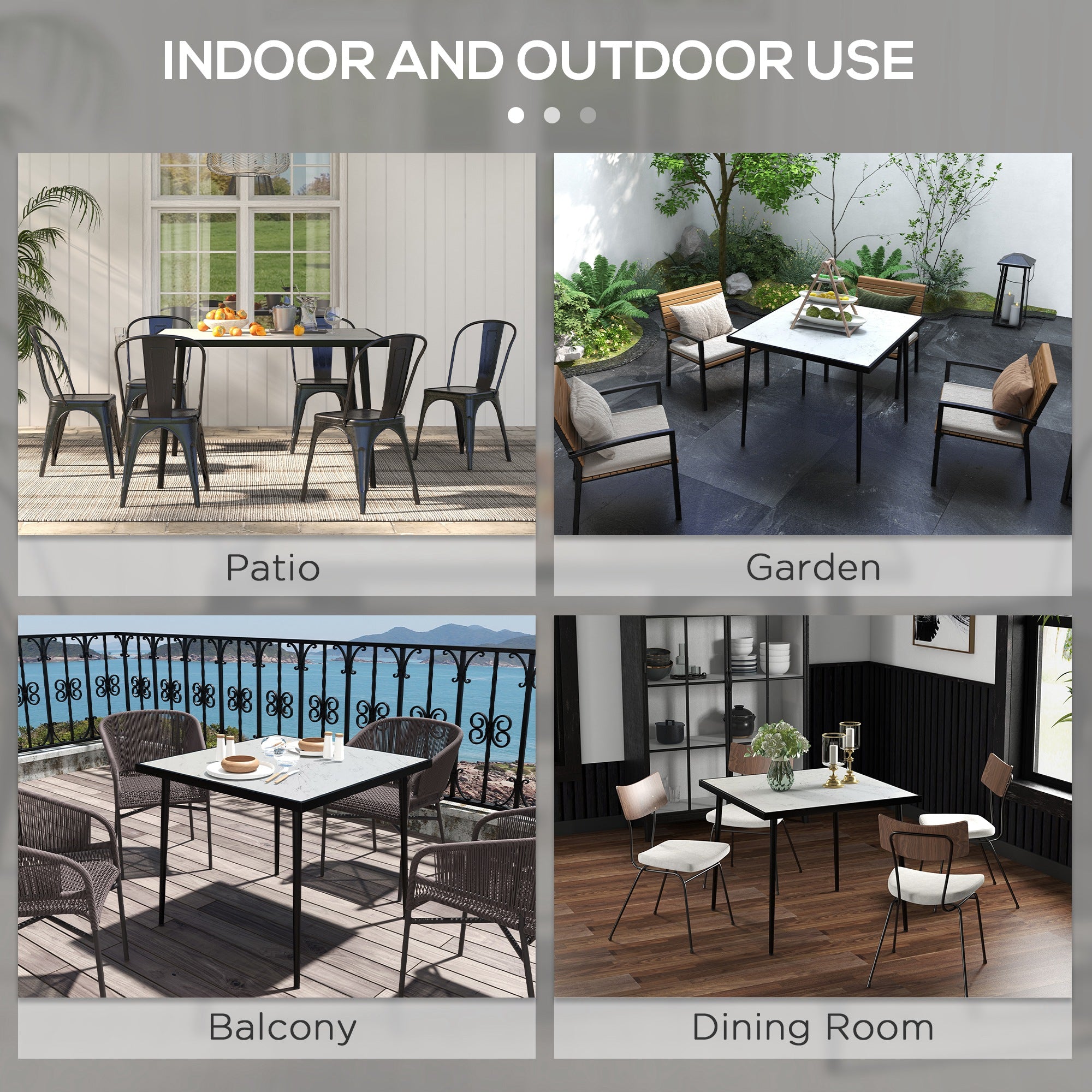 Outdoor Dining Table for 4, Square Patio Dining Table with Marble Effect Tempered Glass Top and Steel Frame, White