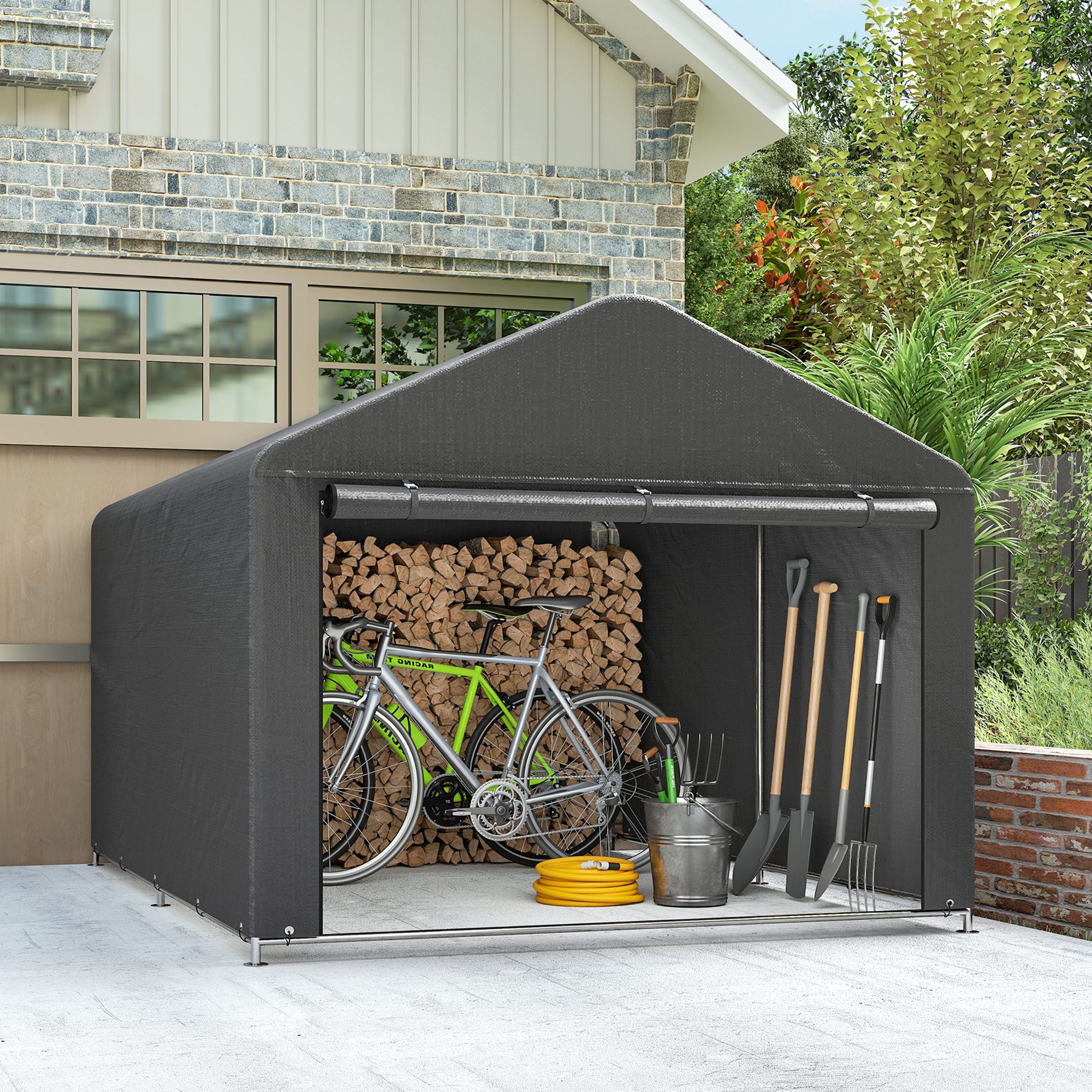 6.6' x 7.8' Portable Shed, Waterproof Bike Tent with Roll-up Zipper Door and Galvanised Steel Frame, Dark Grey