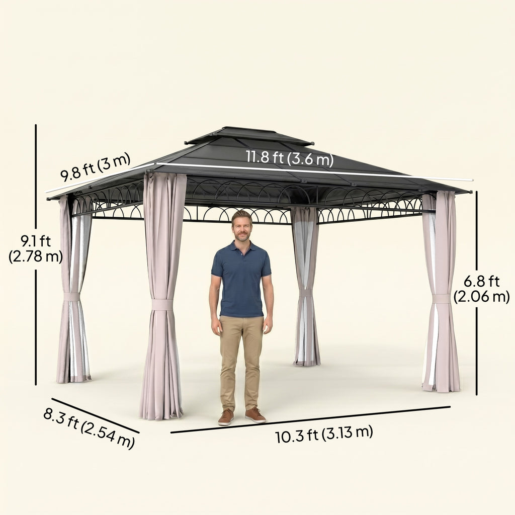 10' x 12' Outdoor Gazebo Canopy, DoubleÂ Roof Hardtop Gazebo withÂ Polycarbonate Roof, Steel Frame, NettingsÂ andÂ Curtains, forÂ Garden,Â Lawn,Â BackyardÂ andÂ Deck, Khaki