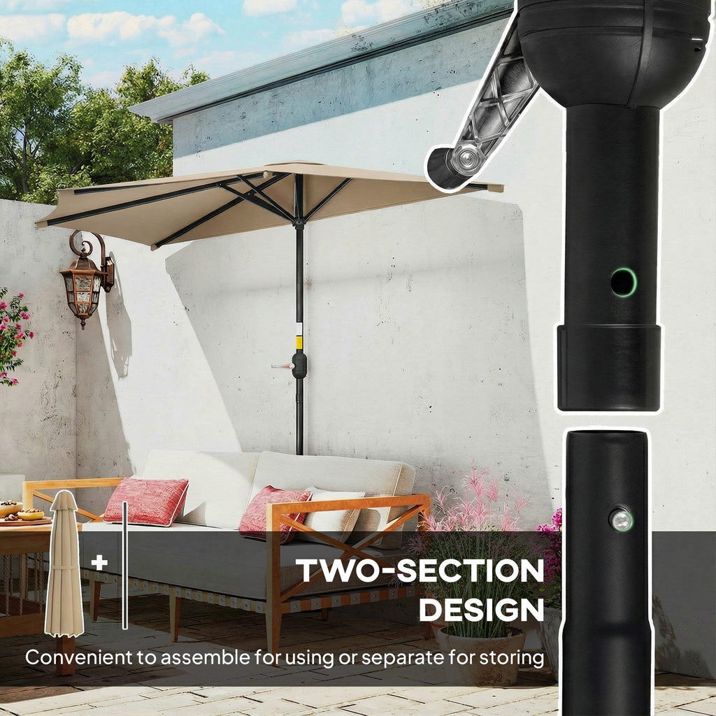 9.8ft Half Umbrella Semi Round Patio Parasol with Crank Handle, Top Vent for Garden, Balcony- NO BASE INCLUDED, Coffee