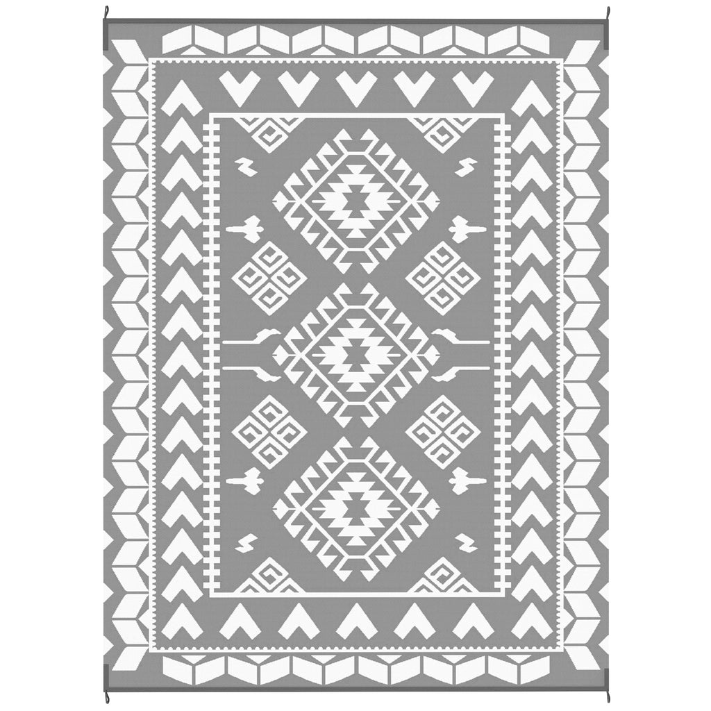 9' x 12' Outdoor RV Rug, Reversible Patio Floor Mat with Carry Bag, Rhombus Patchwork, Grey and White