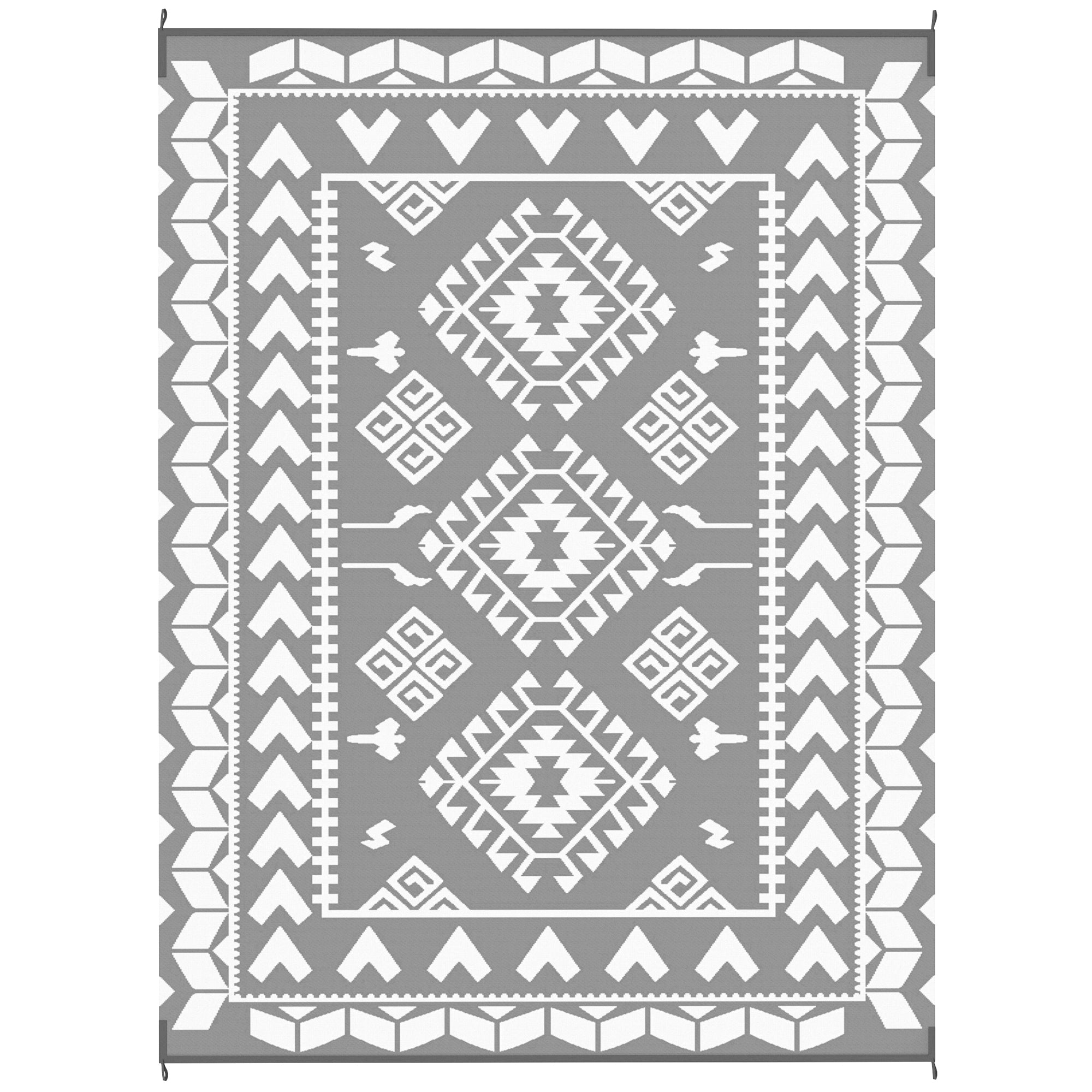 9' x 12' Outdoor RV Rug, Reversible Patio Floor Mat with Carry Bag, Rhombus Patchwork, Grey and White