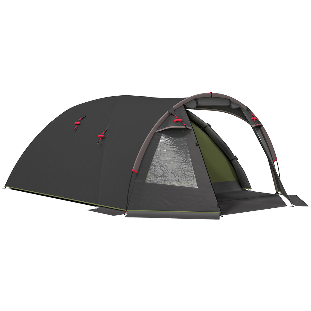 2-4 Man Camping Tent, 3000mm Waterproof Tunnel Tent with 2 Rooms, Sewn-in Groundsheet, 3 Doors and Hook