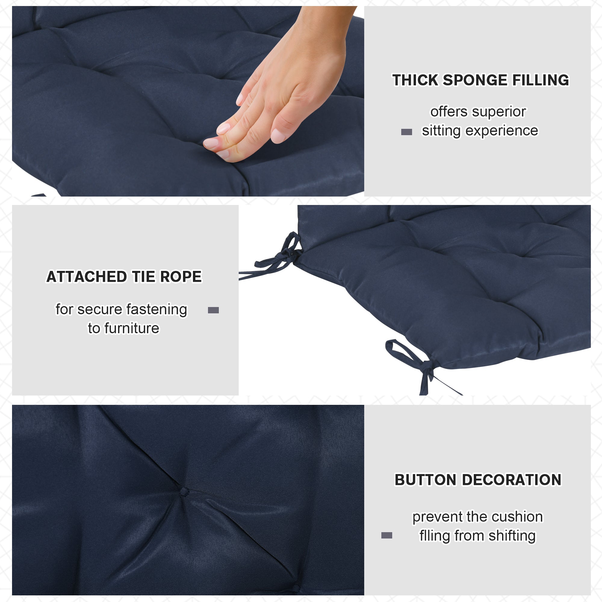 Patio Chair Cushions Set of 2, 39" x 20" x 3" Outdoor Tufted Cushion Set with Ties for Indoor Outdoor Garden Furniture, Dark Blue