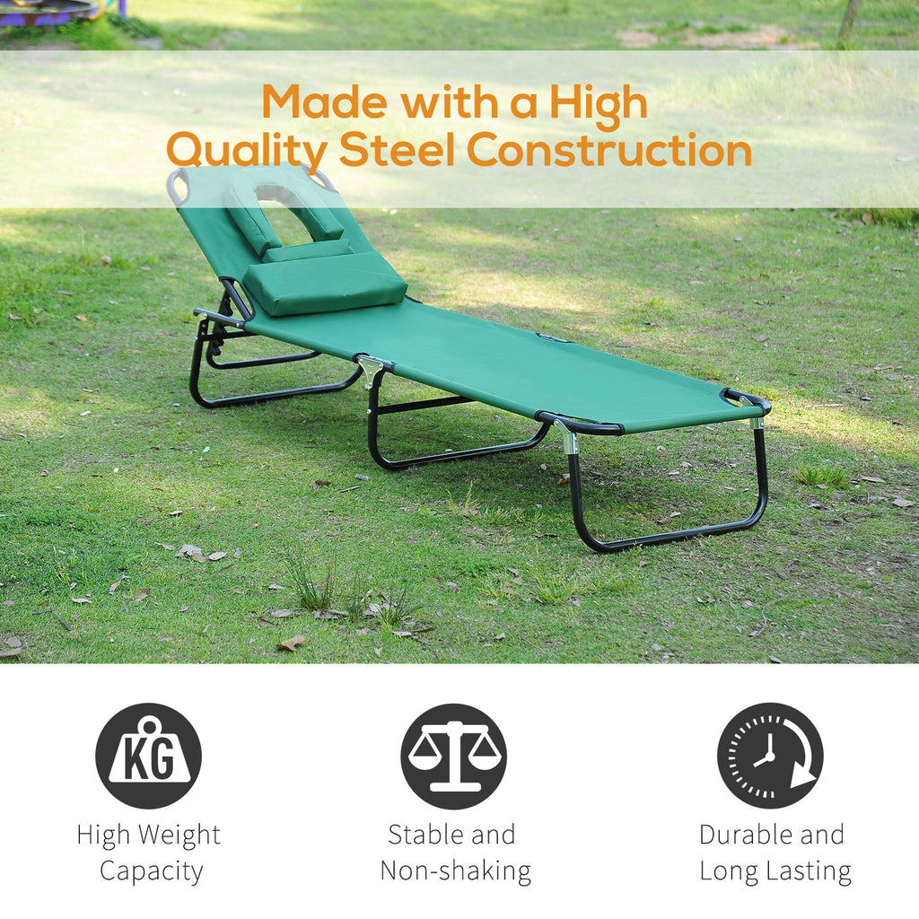 Folding Outdoor Lounge Chair, Portable Reclining Beach Lounger with Face Hole, Detachable Pillow, 3-Position Adjustable Backrest, For Patio, Garden, Poolside, Green