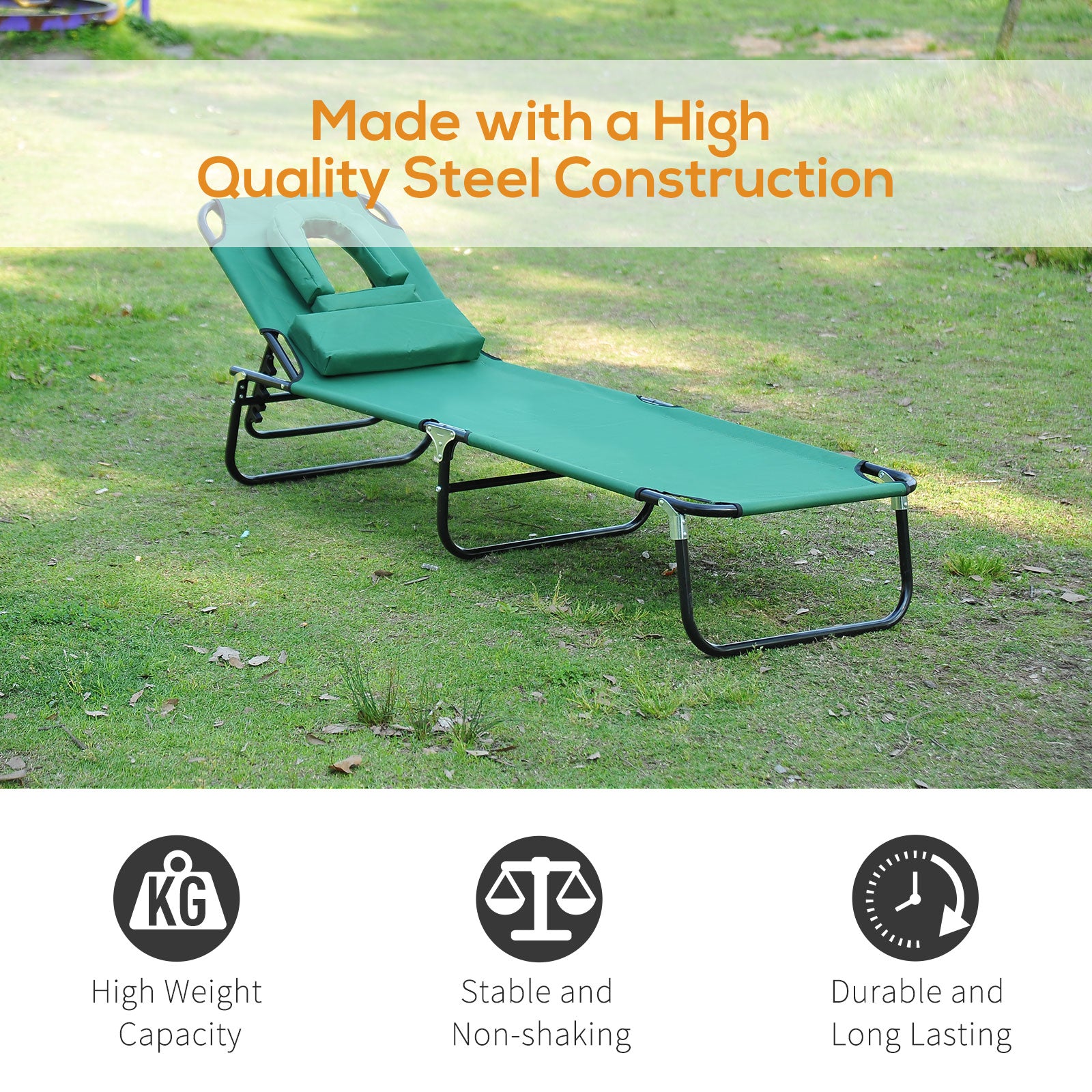 Folding Outdoor Lounge Chair, Portable Reclining Beach Lounger with Face Hole, Detachable Pillow, 3-Position Adjustable Backrest, For Patio, Garden, Poolside, Green