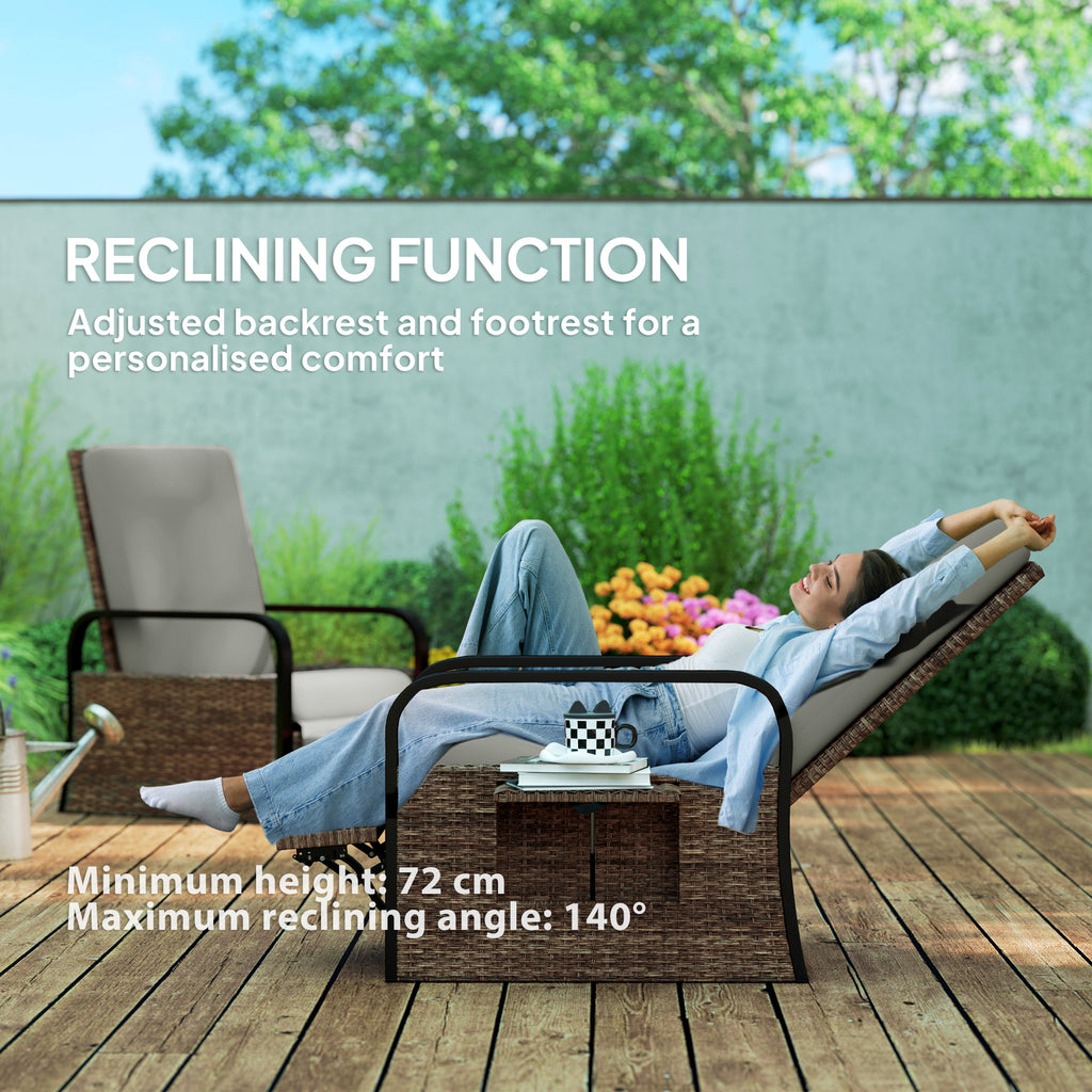 Wicker Outdoor Recliner Chair, Reclining Lounge Chair with Adjustable Backrest, Footrest and Side Tray, Light Grey