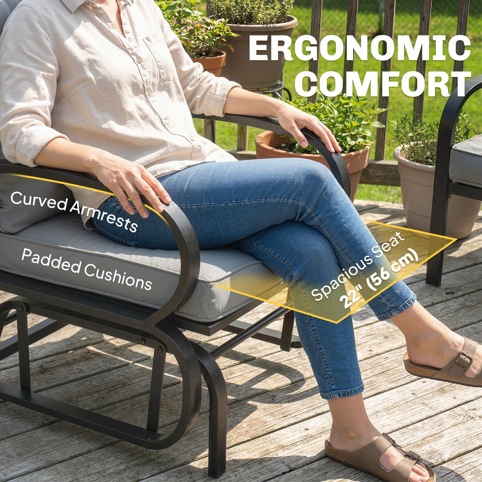 Patio Glider, Outdoor Glider Chair with Cushions, Steel Frame, Curved Armrests, Light Grey