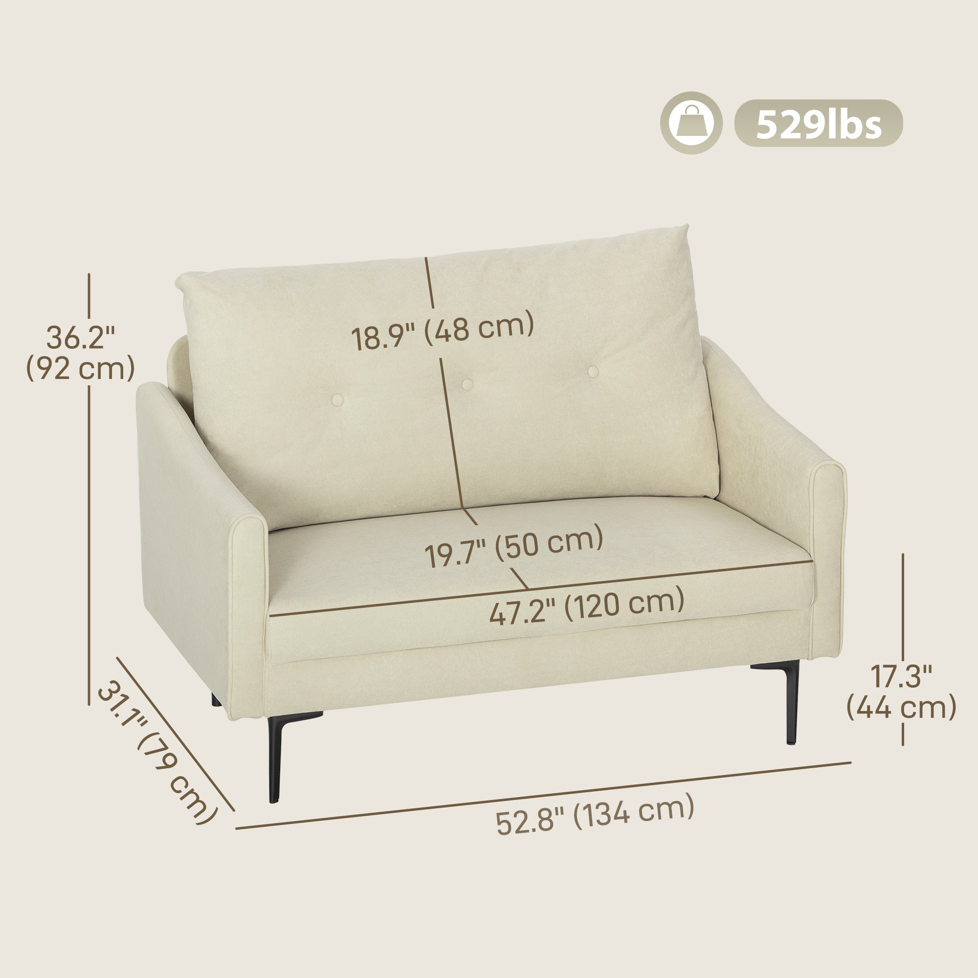 2 Seater Sofa, Small Modern Couch with High-Resilience Foam, Thicken Padding, Button Tufted, Cream White