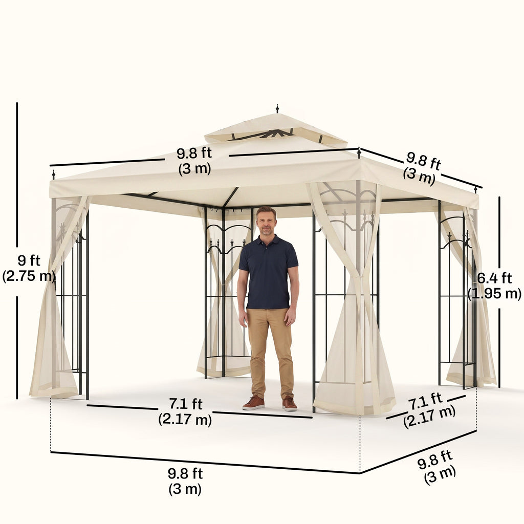 10' x 10' Steel Outdoor Patio Gazebo Canopy with Removable Mesh Curtains, Display Shelves, & Steel Frame, Beige