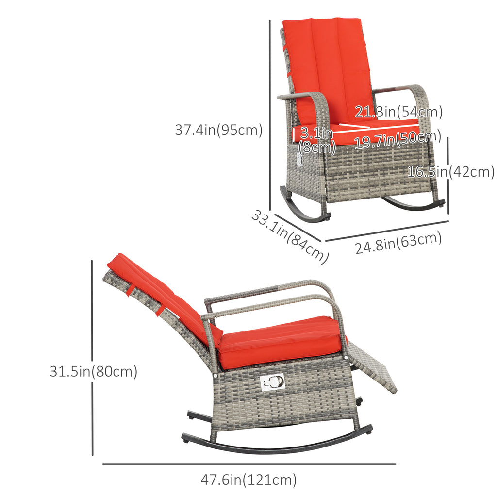 Outdoor Wicker Rocking Chair with Cushion, Patio PE Rattan Recliner Chair with Adjustable Footrest, Armrests, Red