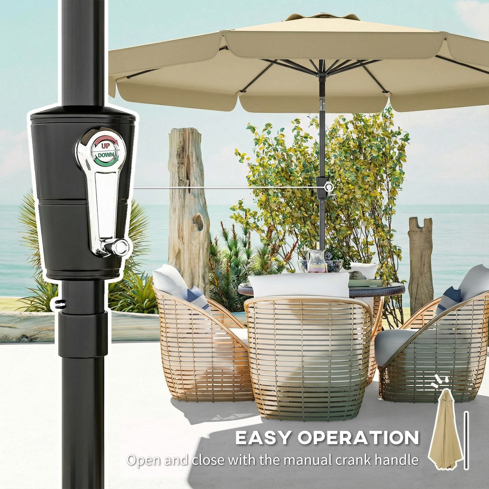 10 ft Patio Umbrella with Push Button Tilt and Crank, Outdoor Market Table Umbrella Parasol, Khaki