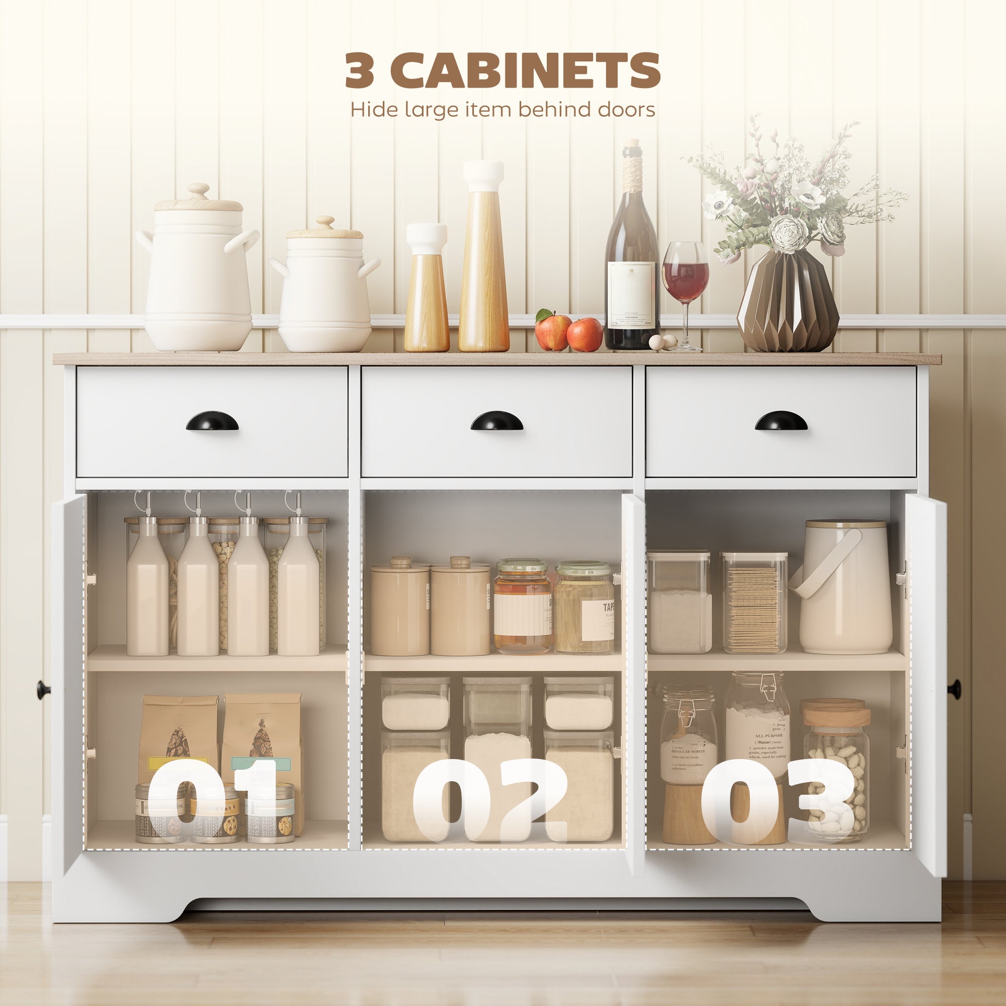 46.5" Buffet Cabinet, Farmhouse Sideboard with 3 Barn Doors and 3 Drawers for Living Room, Kitchen, White