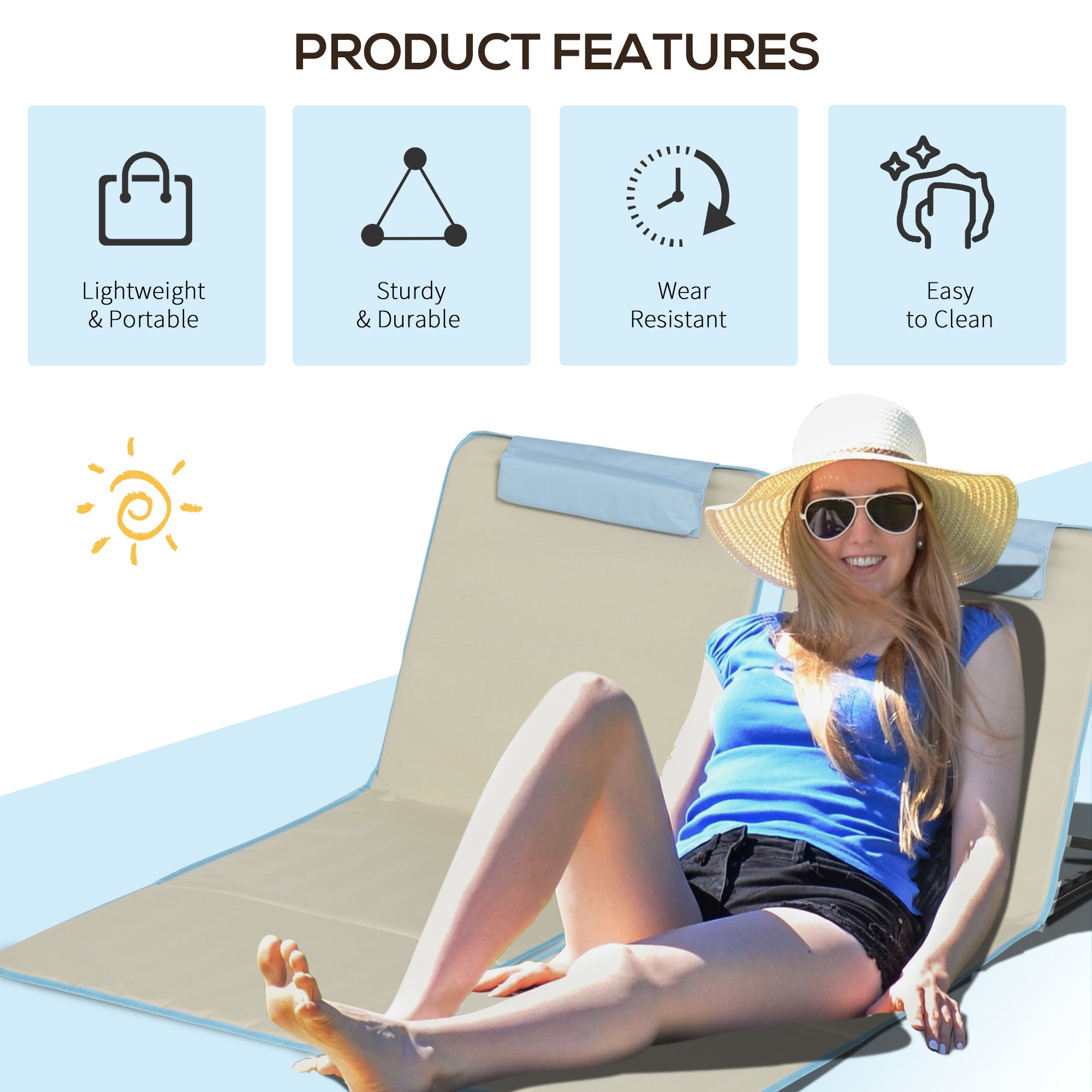 Set of 2 Beach Lounge Chair, Folding Ground Beach Mat w/ Adjustable Back, Steel Frame, Head Pillow and Carry Bag, Beige