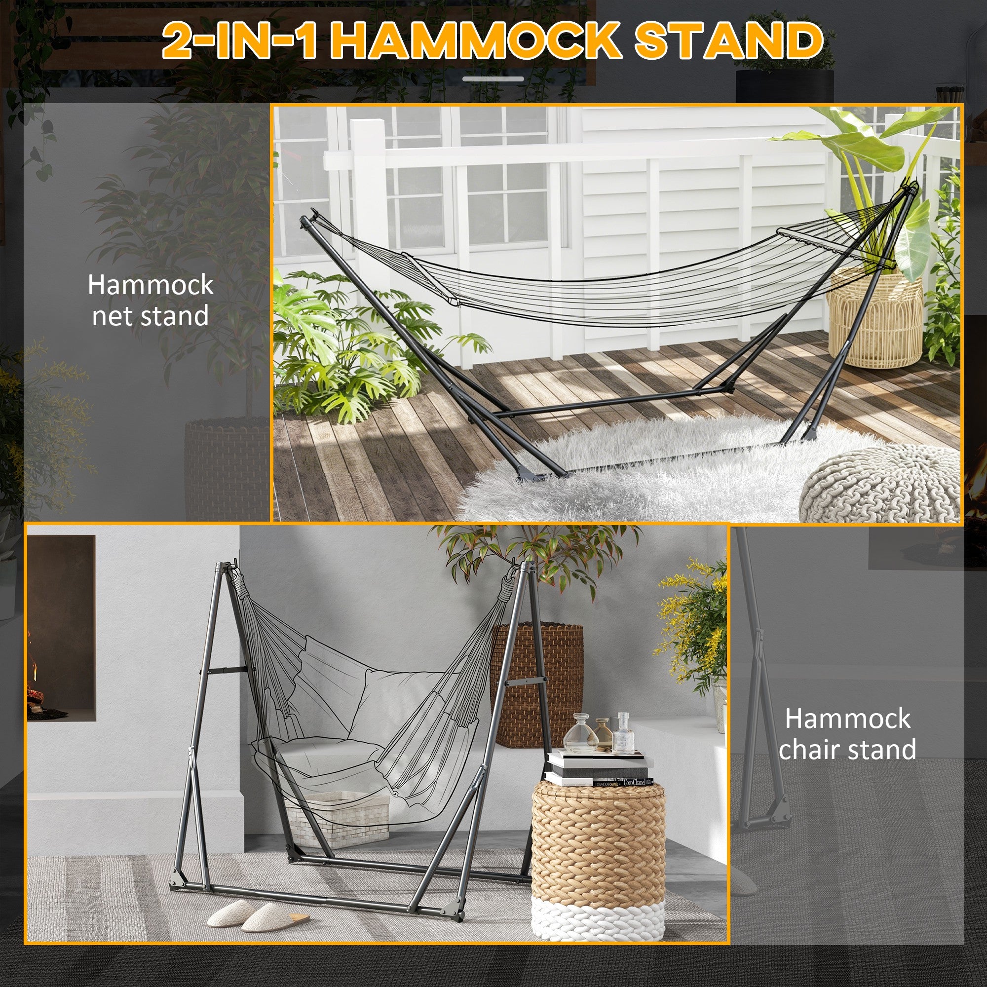 Foldable Hammock Stand, Portable 2 in 1 Hammock Chair Stand Only with Carry Bag, Load Capacity 120kg, for Patio, Black