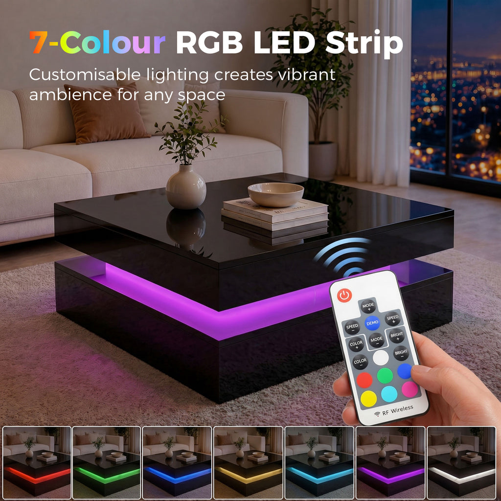 LED Coffee Table with Storage, 2-Tier Modern Center Table with Open Shelf and Remote for Living Room, High Gloss Black