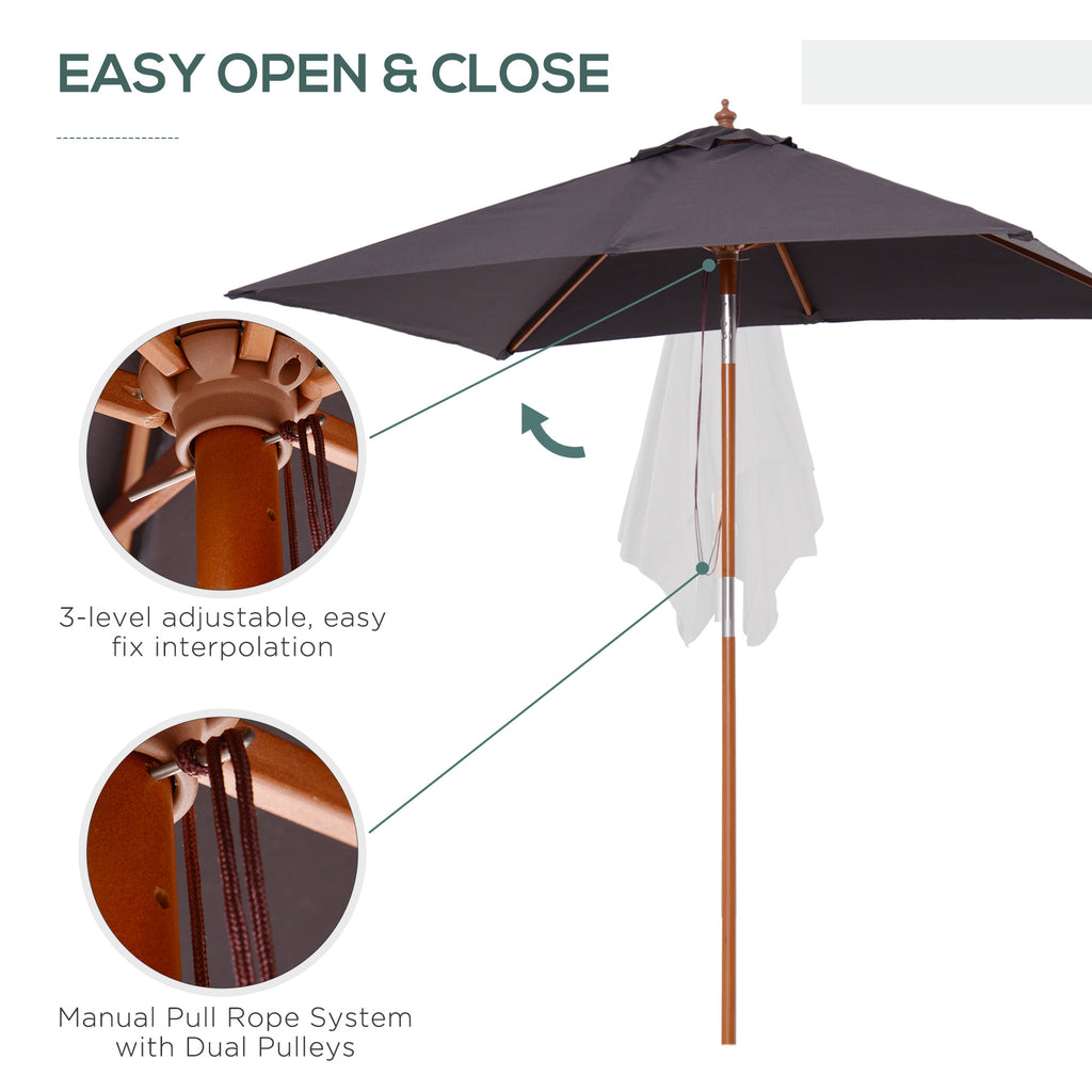 6.6x5ft Square Market Parasol, Wooden Patio Umbrella with Tilt Mechanism and 6 Bamboo Ribs, Garden Sunshade, Dark Grey