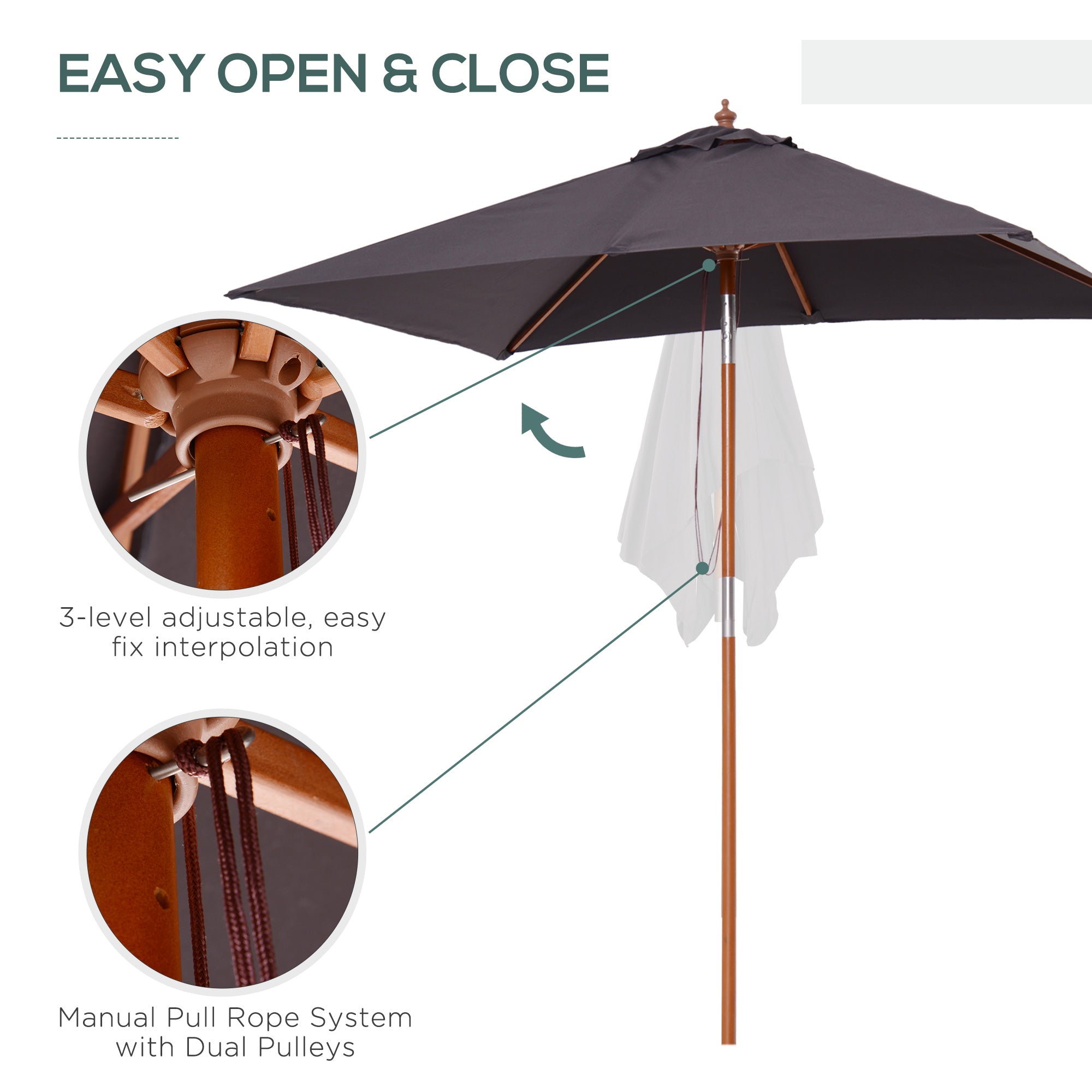 6.6x5ft Square Market Parasol, Wooden Patio Umbrella with Tilt Mechanism and 6 Bamboo Ribs, Garden Sunshade, Dark Grey