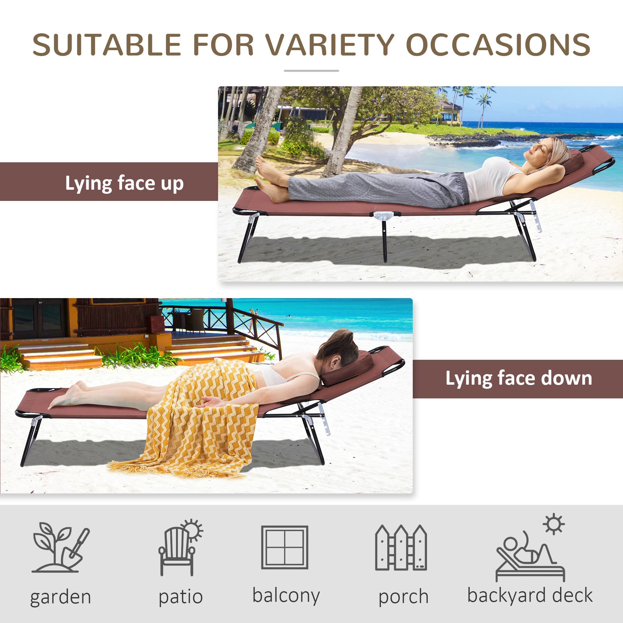 Folding Chaise Lounge Chair, Reclining Beach Tanning Chair with Face Hole, Pillow, 4-Position Adjustable Lay Flat Sun Lounger, Steel Frame for Outdoor Patio Pool, Brown